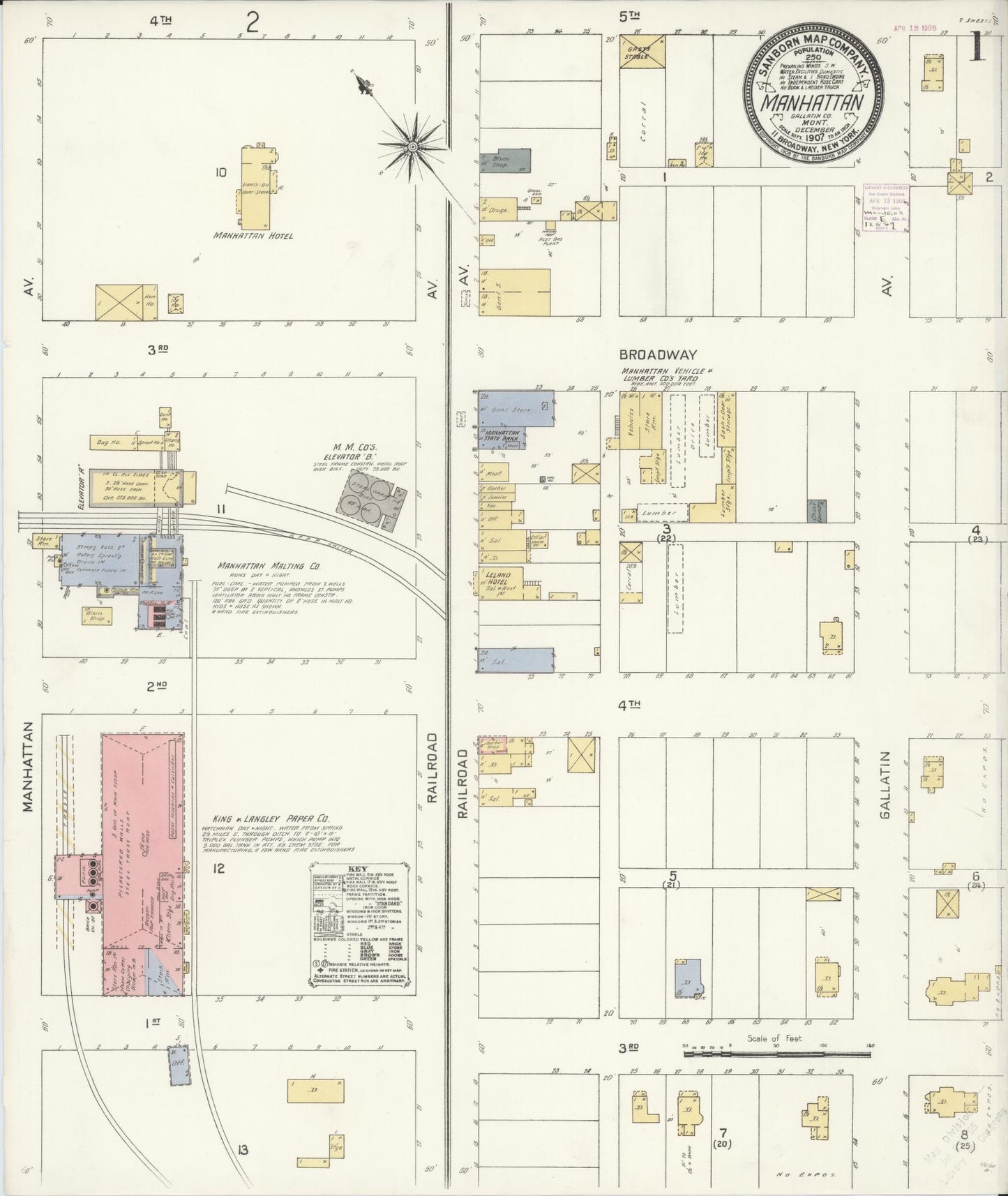 Sanborn Fire Insurance Map from Manhattan, Gallatin County, Montana (1907), Sheet #0001 - Historic Sanborn Fire Insurance Map Print, vintage old map wall art, antique decor, genealogy gift, Montana Montana map