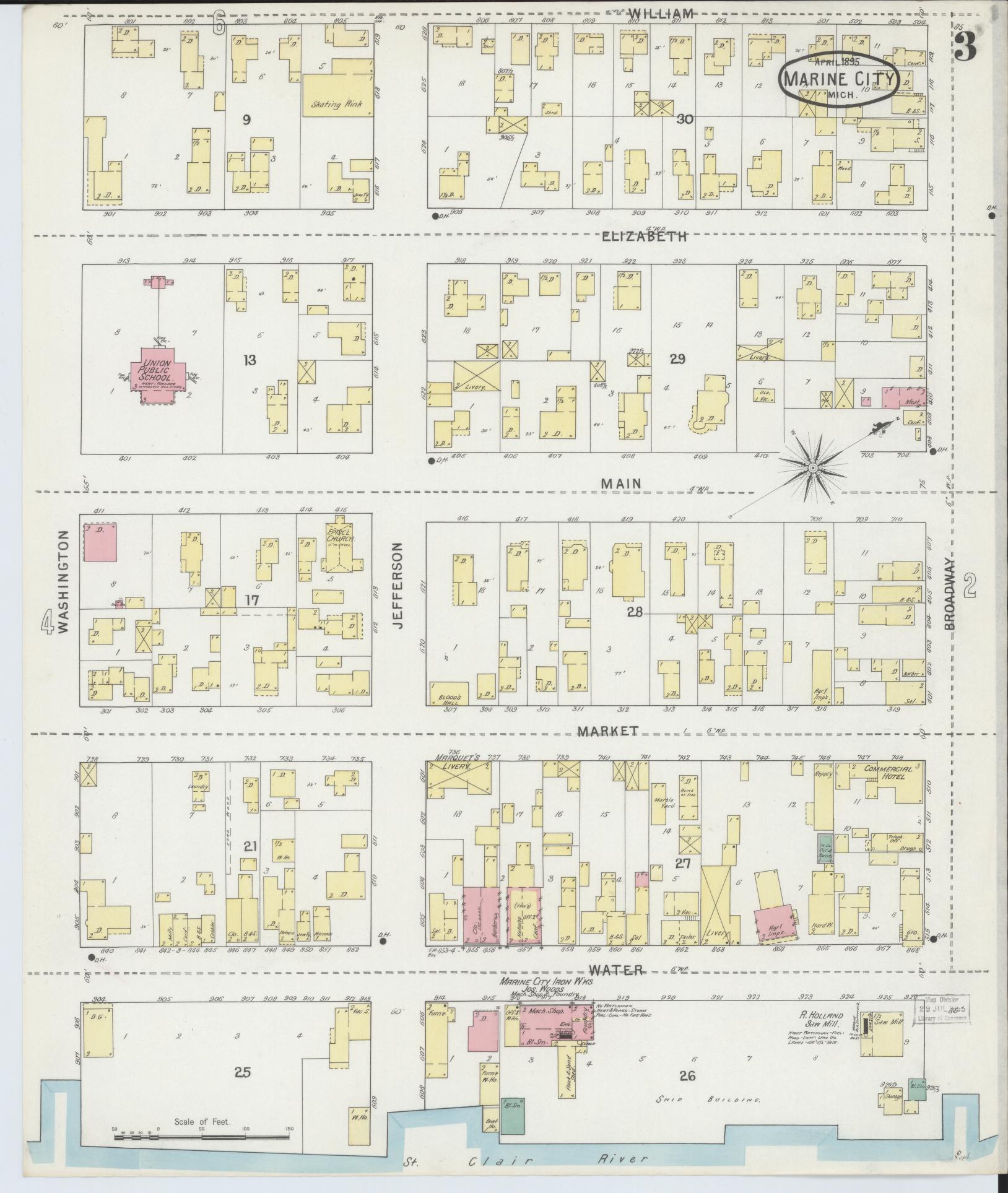 Sanborn Fire Insurance Map from Marine City, Saint Clair County, Michigan (1895), Sheet #0003 - Complete Map Set gallery image, historic Sanborn map, vintage wall art, Michigan Michigan