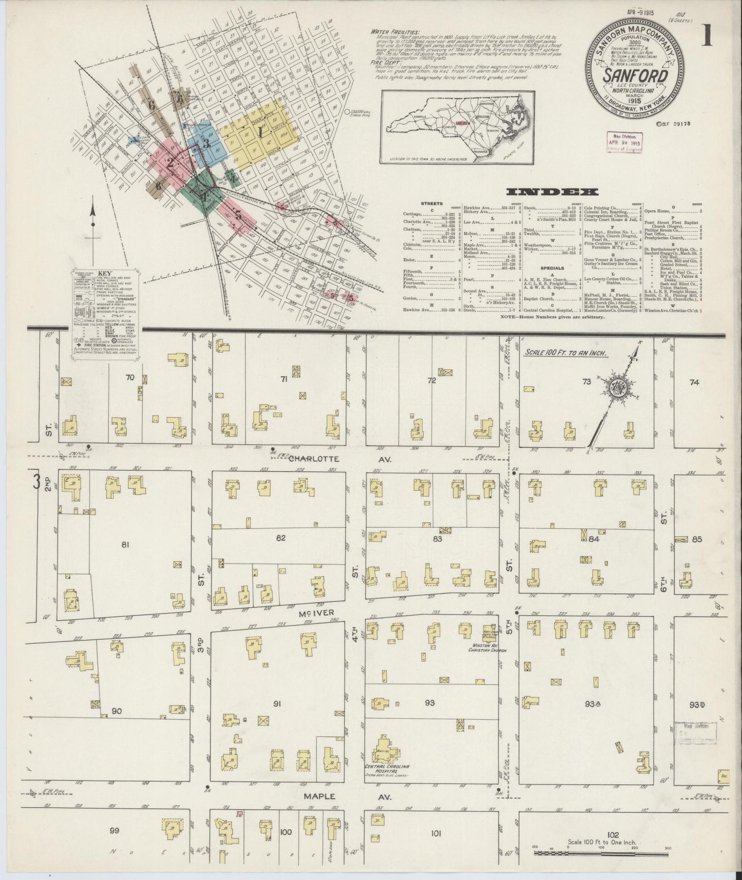 Sanborn Fire Insurance Map from Sanford, Lee County, North Carolina (1915), Sheet #0001 - Historic Sanborn Fire Insurance Map Print, vintage old map wall art, antique decor, genealogy gift, North Carolina North Carolina map