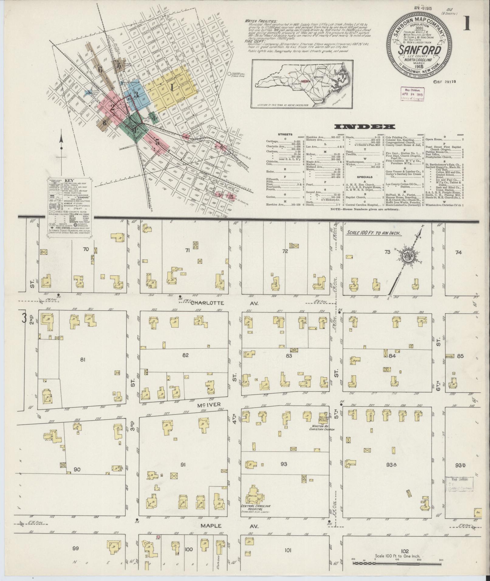 Sanborn Fire Insurance Map from Sanford, Lee County, North Carolina (1915), Sheet #0001 - Historic Sanborn Fire Insurance Map Print, vintage old map wall art, antique decor, genealogy gift, North Carolina North Carolina map