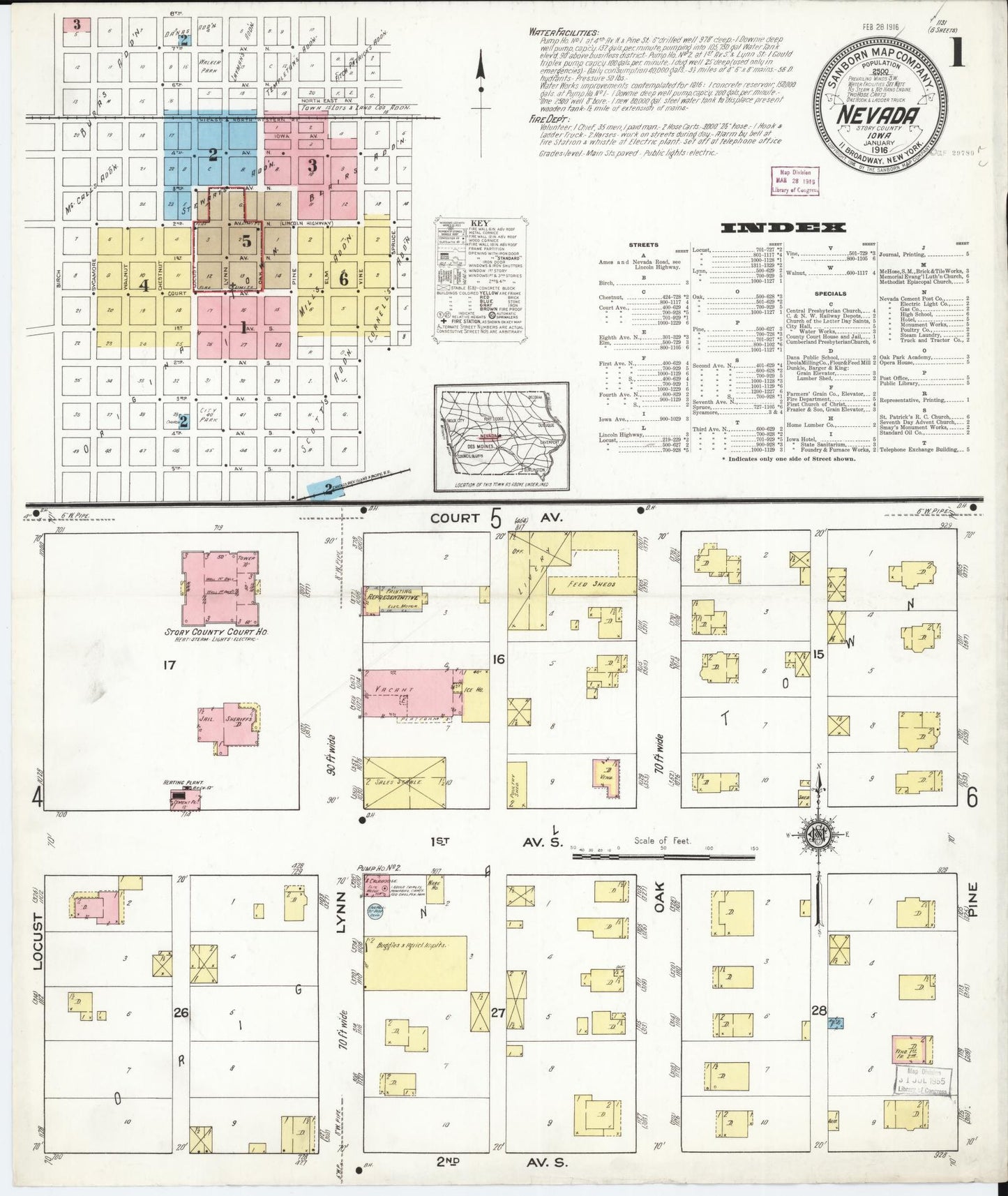 Sanborn Fire Insurance Map from Nevada, Story County, Iowa (1916), Sheet #0001 - Historic Sanborn Fire Insurance Map Print