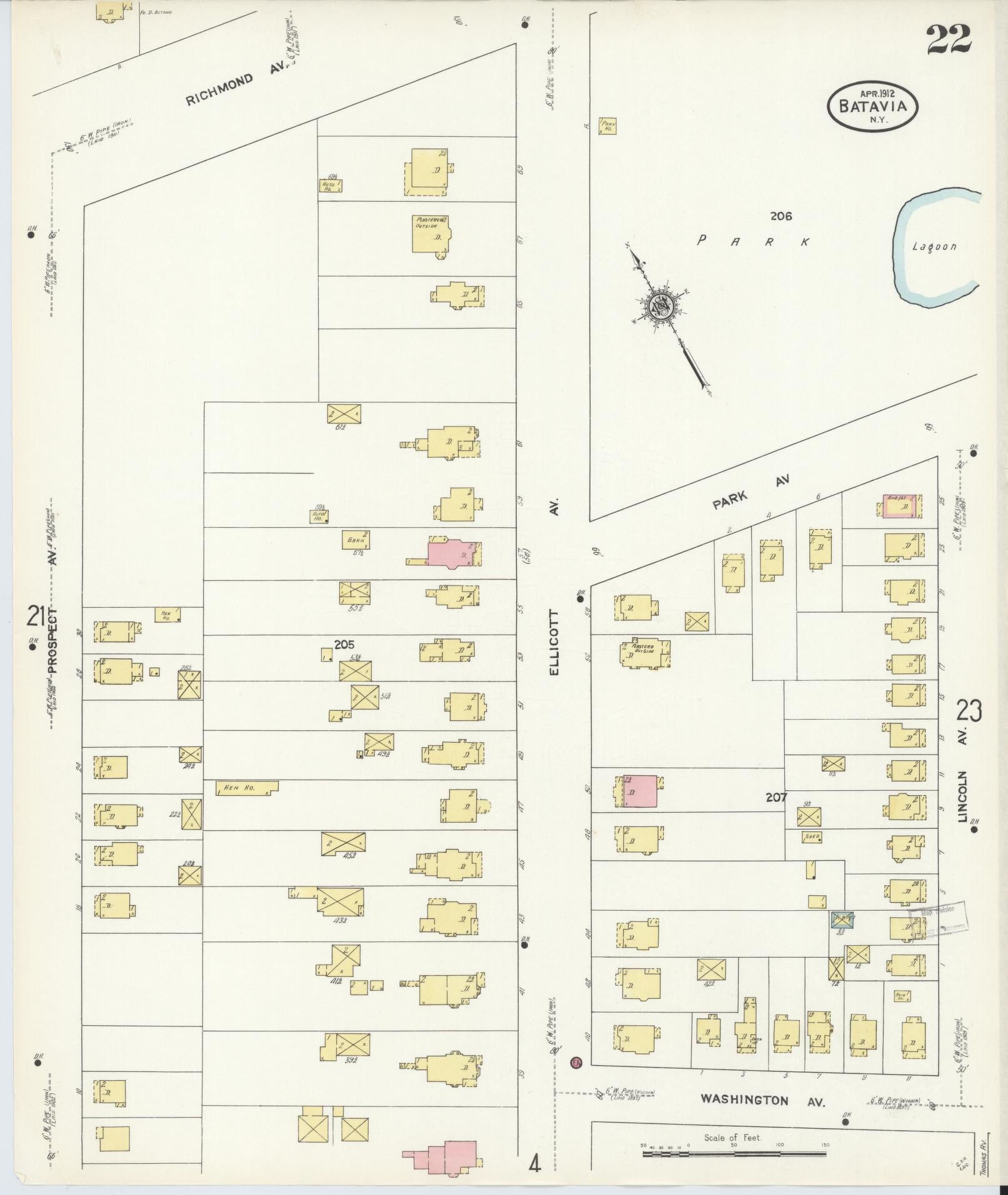 Sanborn Fire Insurance Map from Batavia, Genesee County, New York (1912), Sheet #0022 - Historic Sanborn Fire Insurance Map Print, vintage old map wall art, antique decor, genealogy gift, New York New York map