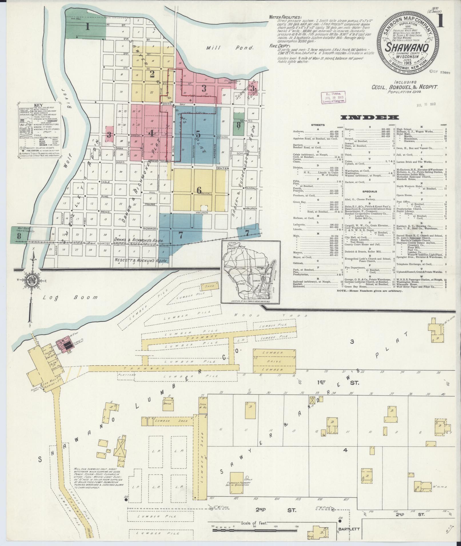 Sanborn Fire Insurance Map from Shawano, Shawano County, Wisconsin (1913), Sheet #0001 - Historic Sanborn Fire Insurance Map Print, vintage old map wall art, antique decor, genealogy gift, Wisconsin Wisconsin map
