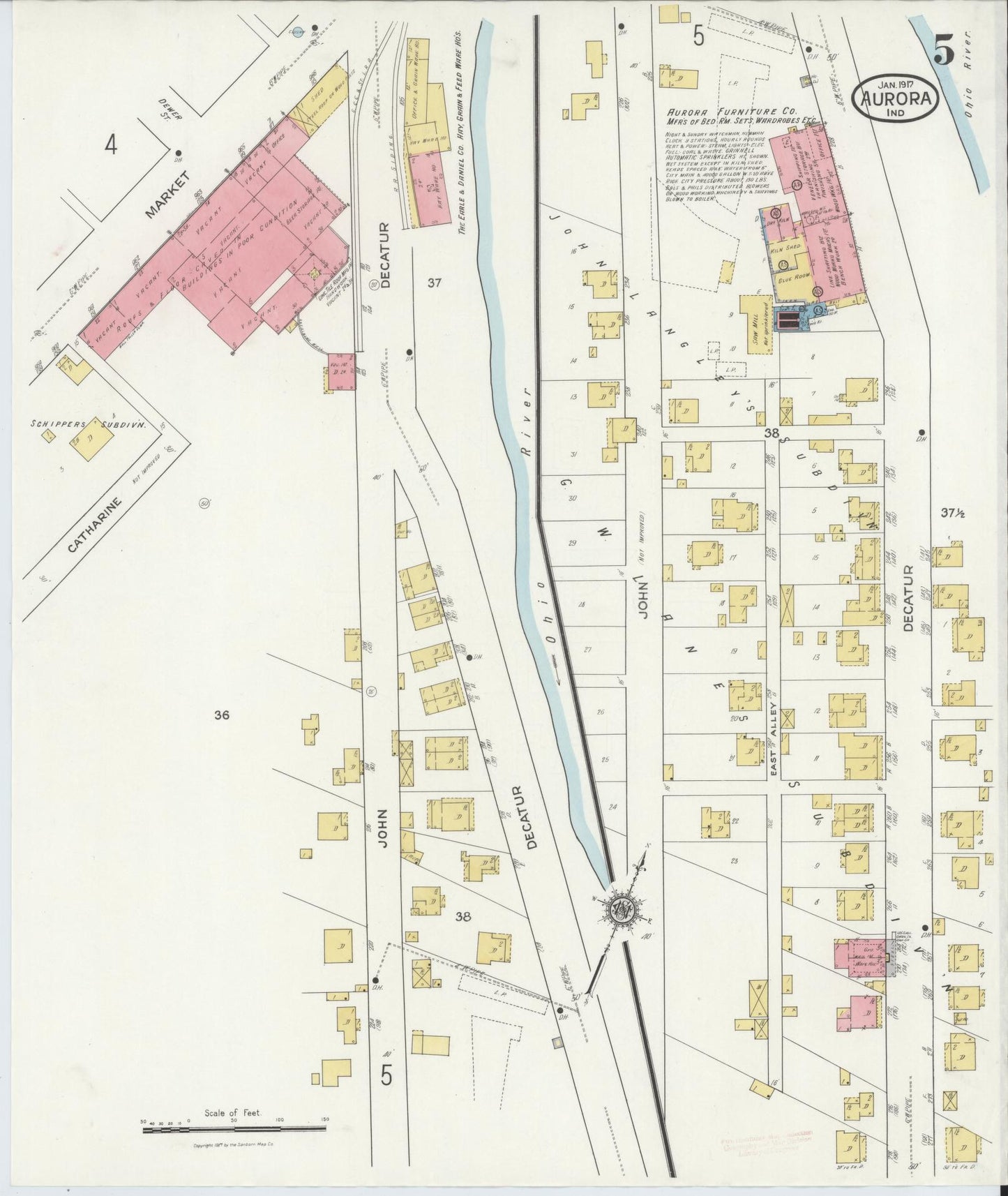 Sanborn Fire Insurance Map from Aurora, Dearborn County, Indiana (1917), Sheet #0005 - Complete Map Set gallery image, historic Sanborn map, vintage wall art, Indiana Indiana