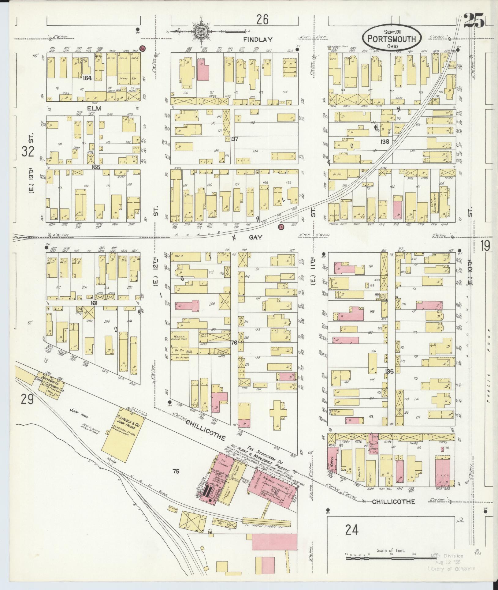 Sanborn Fire Insurance Map from Portsmouth, Scioto County, Ohio (1911), Sheet #0025 - Historic Sanborn Fire Insurance Map Print, vintage old map wall art, antique decor, genealogy gift, Ohio Ohio map