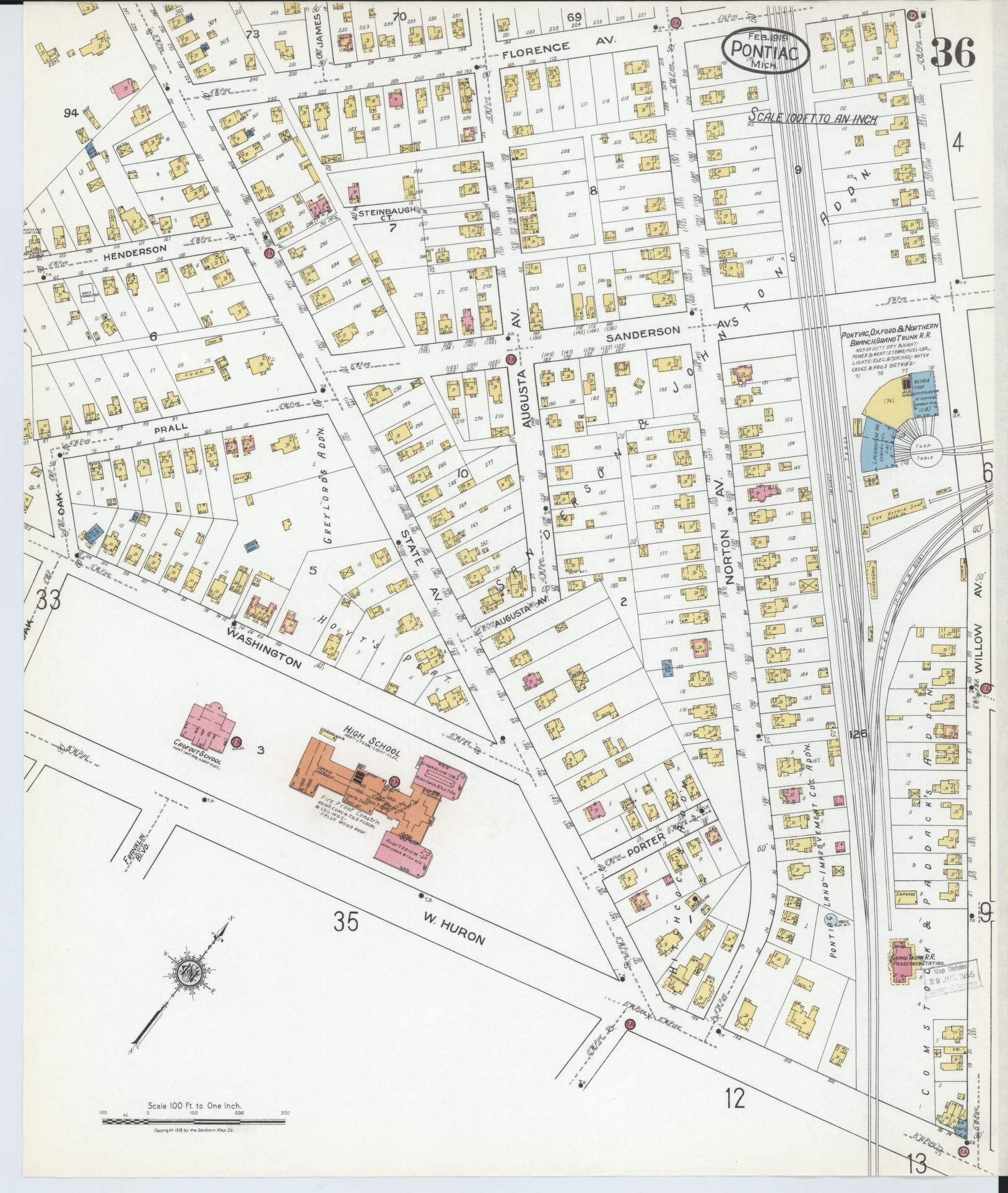 Sanborn Fire Insurance Map from Pontiac, Oakland County, Michigan (1919), Sheet #0036 - Complete Map Set gallery image, historic Sanborn map, vintage wall art, Michigan Michigan