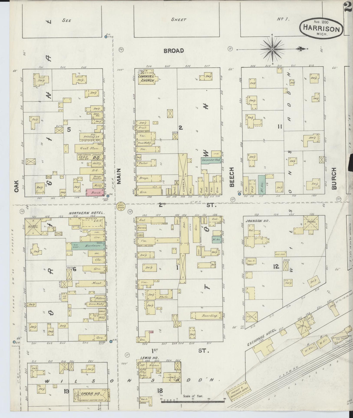 Sanborn Fire Insurance Map from Harrison, Clare County, Michigan (1890), Sheet #0002 - Historic Sanborn Fire Insurance Map Print, vintage old map wall art, antique decor, genealogy gift, Michigan Michigan map