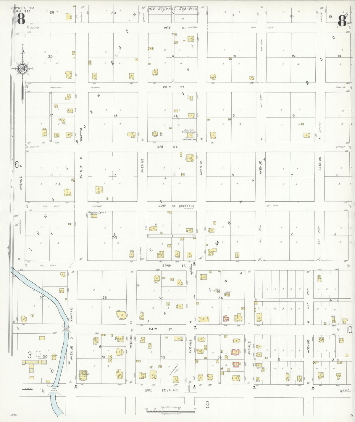 Sanborn Fire Insurance Map from Snyder, Scurry County, Texas (1936), Sheet #0008 - Complete Map Set gallery image, historic Sanborn map, vintage wall art, Texas Texas