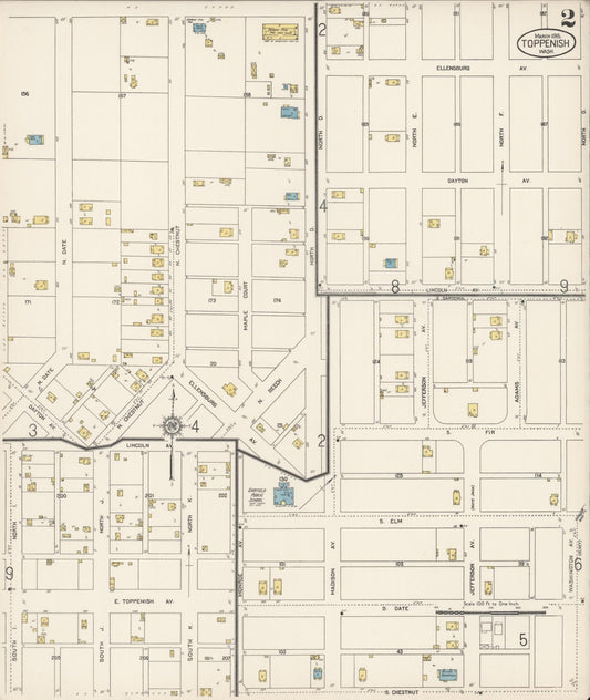 Sanborn Fire Insurance Map from Toppenish, Yakima County, Washington (1915), Sheet #0002 - Historic Sanborn Fire Insurance Map Print, vintage old map wall art, antique decor, genealogy gift, Washington Washington map