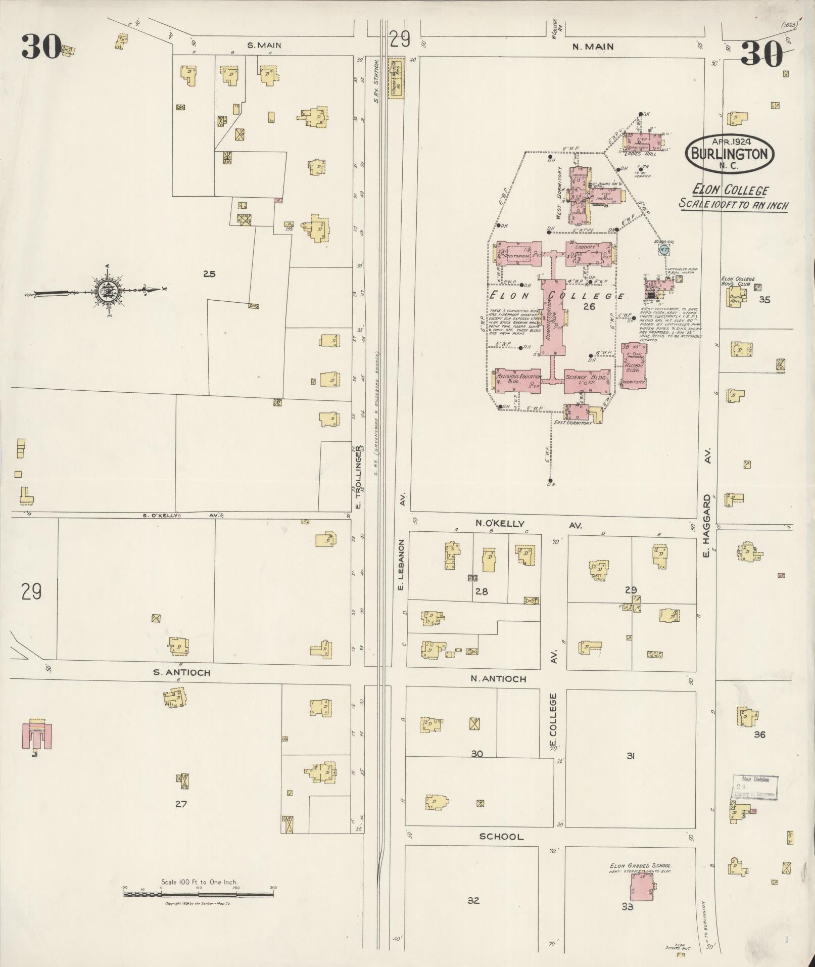 Sanborn Fire Insurance Map from Burlington, Alamance County, North Carolina (1924), Sheet #0030 - Historic Sanborn Fire Insurance Map Print, vintage old map wall art, antique decor, genealogy gift, North Carolina North Carolina map