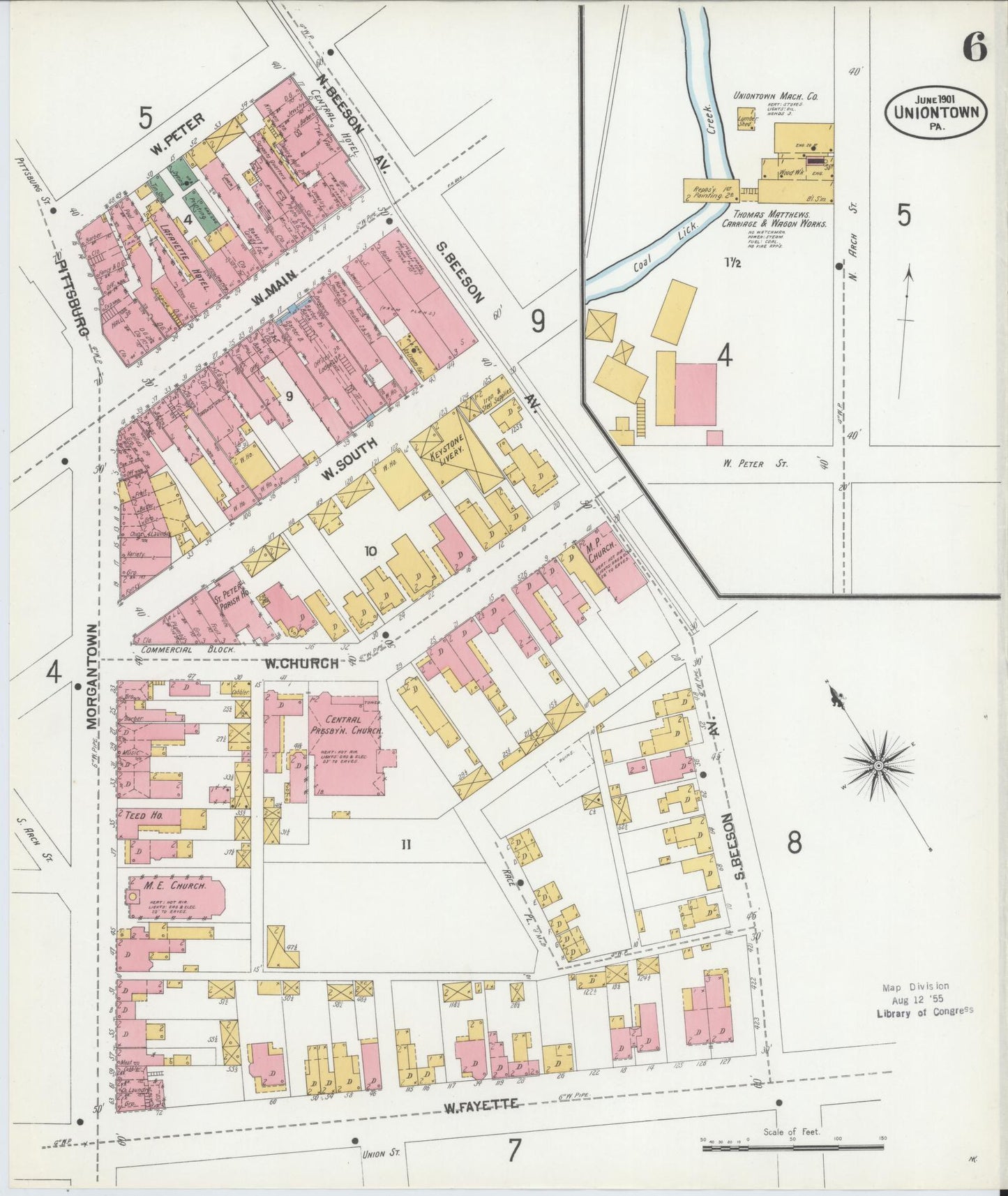 Sanborn Fire Insurance Map from Uniontown, Fayette County, Pennsylvania (1901), Sheet #0006 - Historic Sanborn Fire Insurance Map Print, vintage old map wall art, antique decor, genealogy gift, Pennsylvania Pennsylvania map