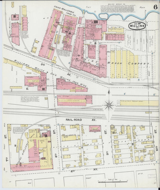 Sanborn Fire Insurance Map from Moline, Rock Island County, Illinois (1892), Sheet #0006 - Historic Sanborn Fire Insurance Map Print, vintage old map wall art, antique decor, genealogy gift, Illinois Illinois map