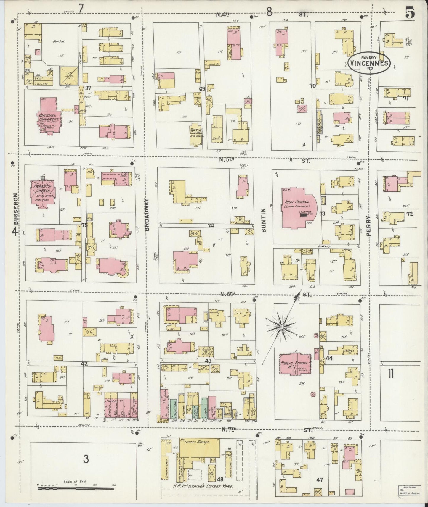 Sanborn Fire Insurance Map from Vincennes, Knox County, Indiana (1897), Sheet #0005 - Complete Map Set gallery image, historic Sanborn map, vintage wall art, Indiana Indiana