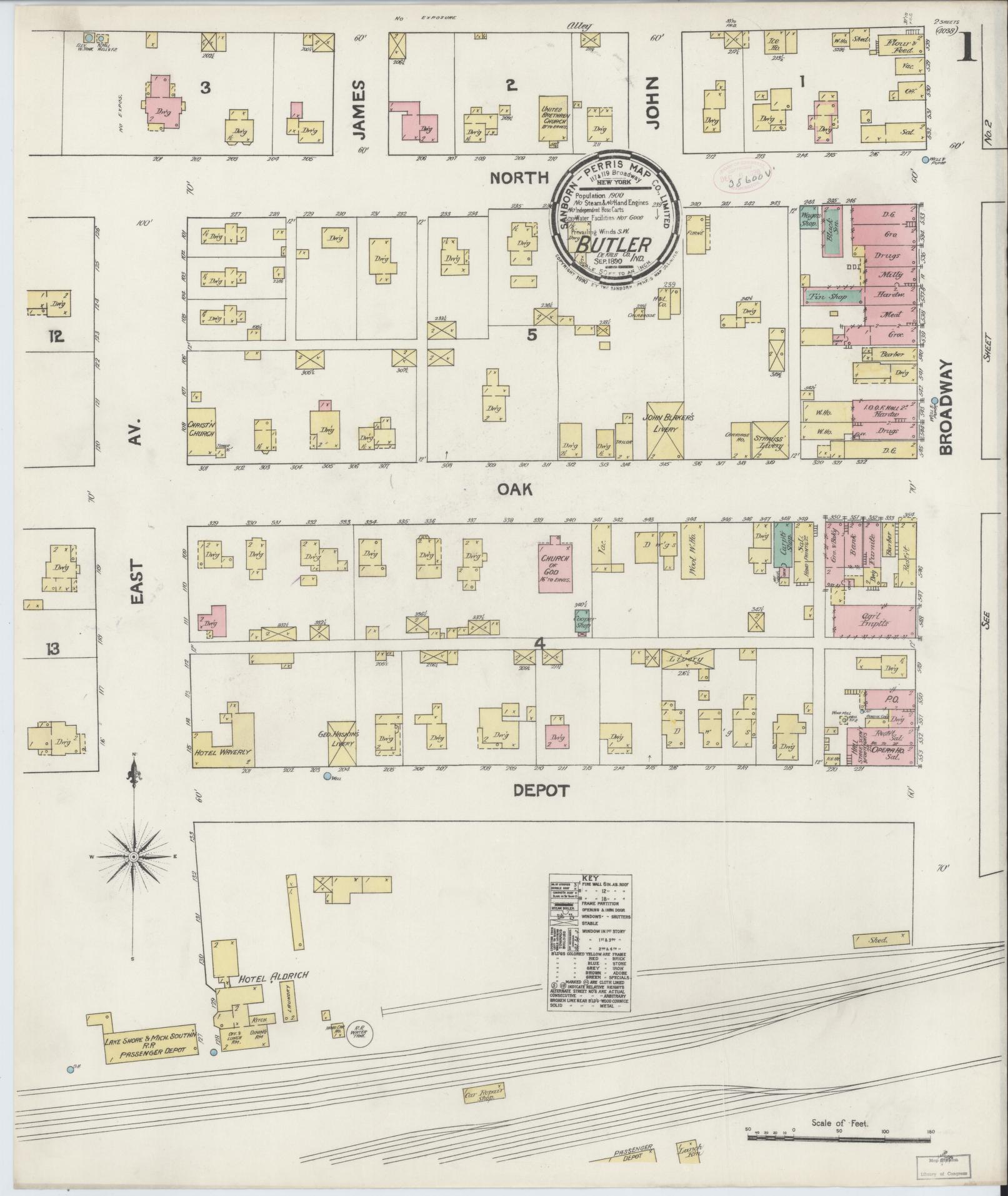 Sanborn Fire Insurance Map from Butler, De Kalb County, Indiana (1890), Sheet #0001 - Complete Map Set gallery image, historic Sanborn map, vintage wall art, Indiana Indiana