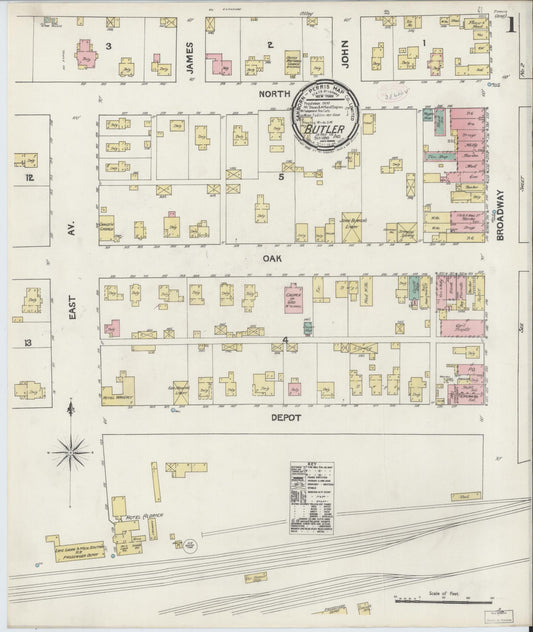 Sanborn Fire Insurance Map from Butler, De Kalb County, Indiana (1890), Sheet #0001 - Complete Map Set gallery image, historic Sanborn map, vintage wall art, Indiana Indiana