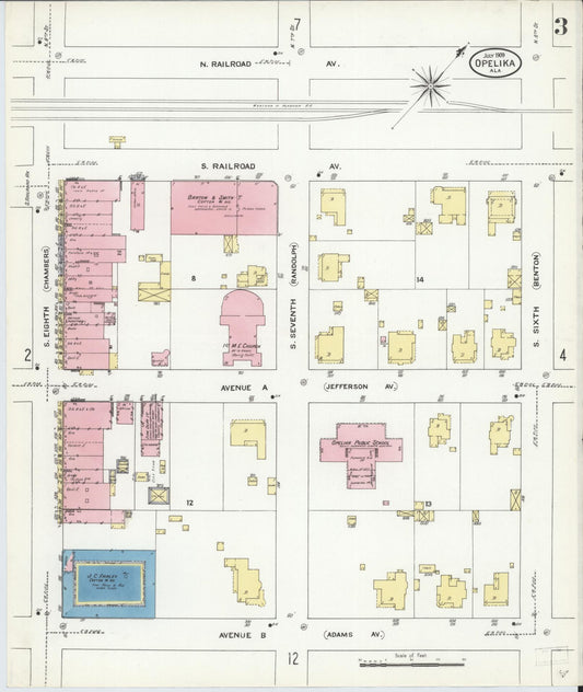 Sanborn Fire Insurance Map from Opelika, Lee County, Alabama (1909), Sheet #0003 - Historic Sanborn Fire Insurance Map Print, vintage old map wall art, antique decor, genealogy gift, Alabama Alabama map