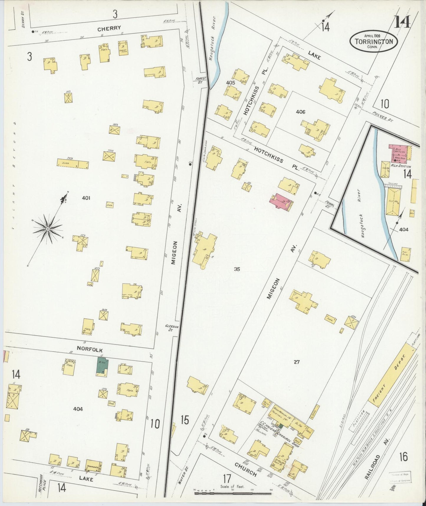 Sanborn Fire Insurance Map from Torrington, Litchfield County, Connecticut (1909), Sheet #0014 - Historic Sanborn Fire Insurance Map Print, vintage old map wall art, antique decor, genealogy gift, Connecticut Connecticut map