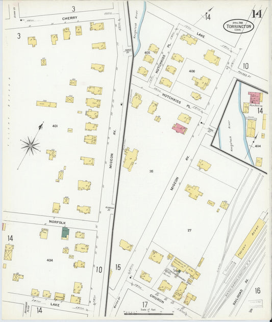 Sanborn Fire Insurance Map from Torrington, Litchfield County, Connecticut (1909), Sheet #0014 - Historic Sanborn Fire Insurance Map Print, vintage old map wall art, antique decor, genealogy gift, Connecticut Connecticut map