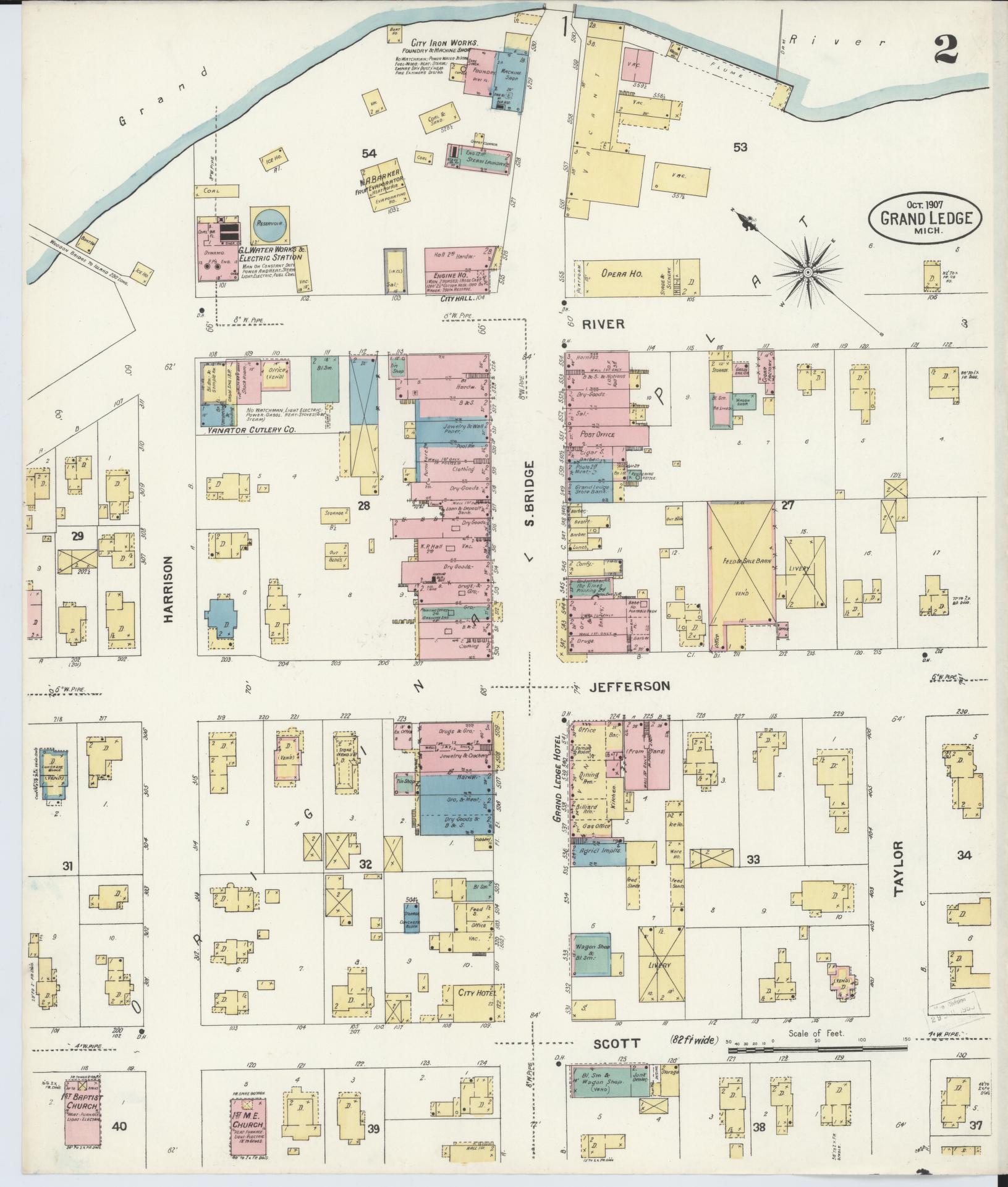 Sanborn Fire Insurance Map from Grand Ledge, Eaton County, Michigan (1907), Sheet #0002 - Complete Map Set gallery image, historic Sanborn map, vintage wall art, Michigan Michigan