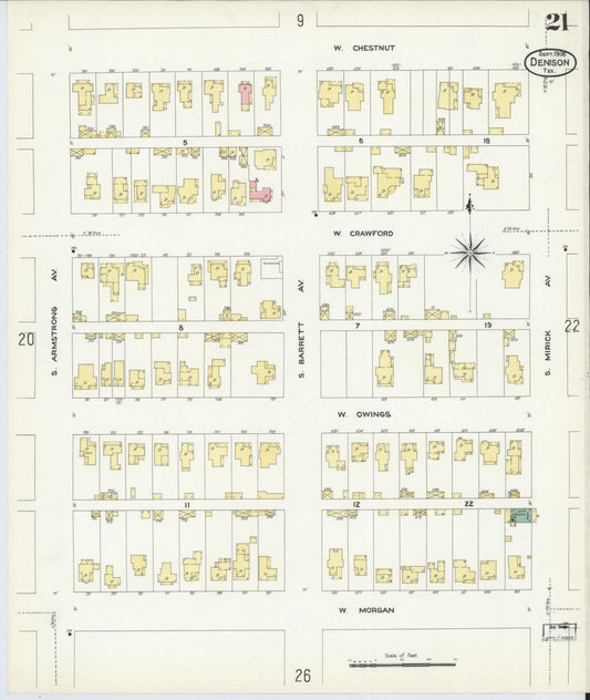 Sanborn Fire Insurance Map from Denison, Grayson County, Texas (1908), Sheet #0021 - Historic Sanborn Fire Insurance Map Print, vintage old map wall art, antique decor, genealogy gift, Texas Texas map