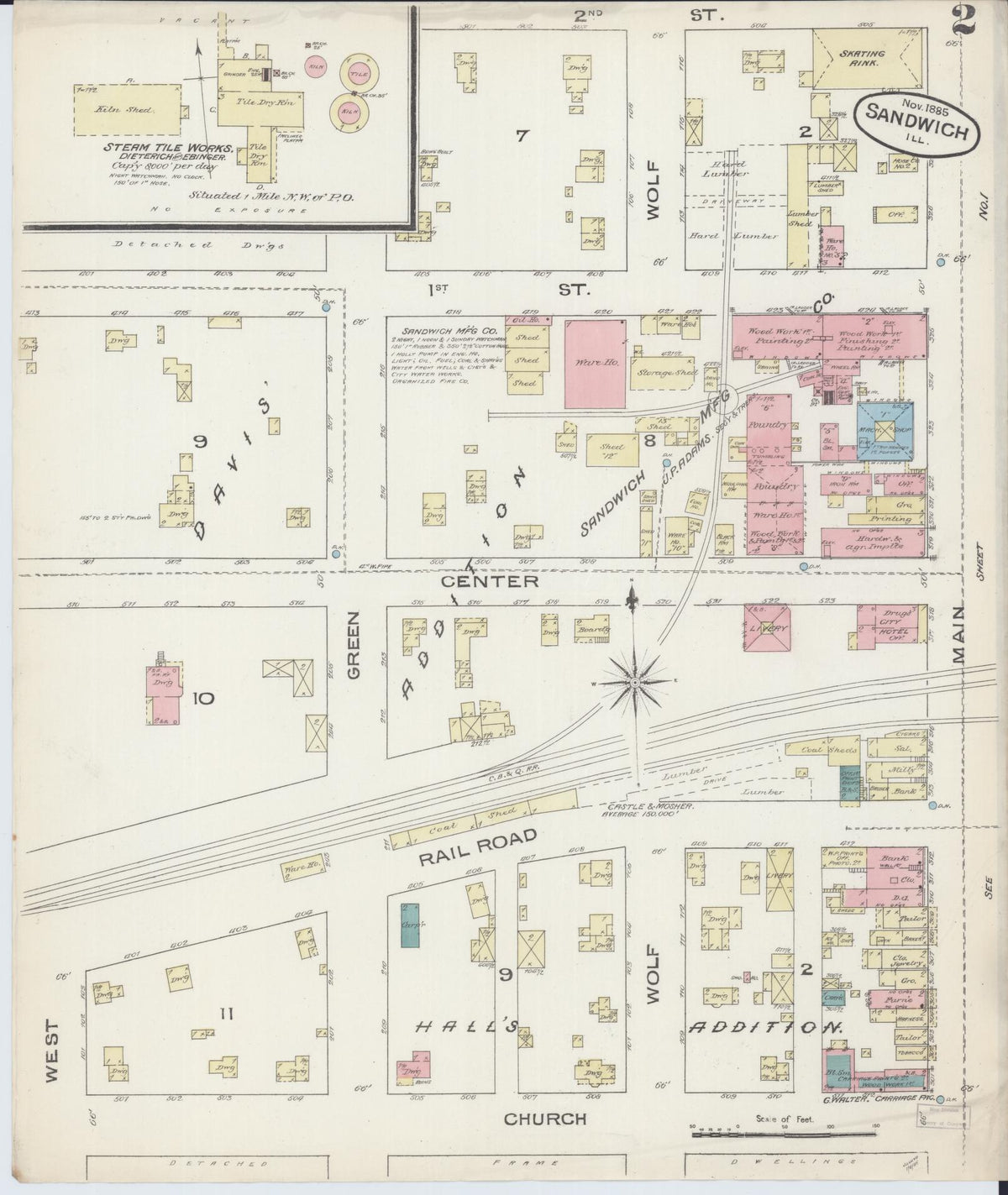 Sanborn Fire Insurance Map from Sandwich, De Kalb County, Illinois (1885), Sheet #0002 - Complete Map Set gallery image, historic Sanborn map, vintage wall art, Illinois Illinois