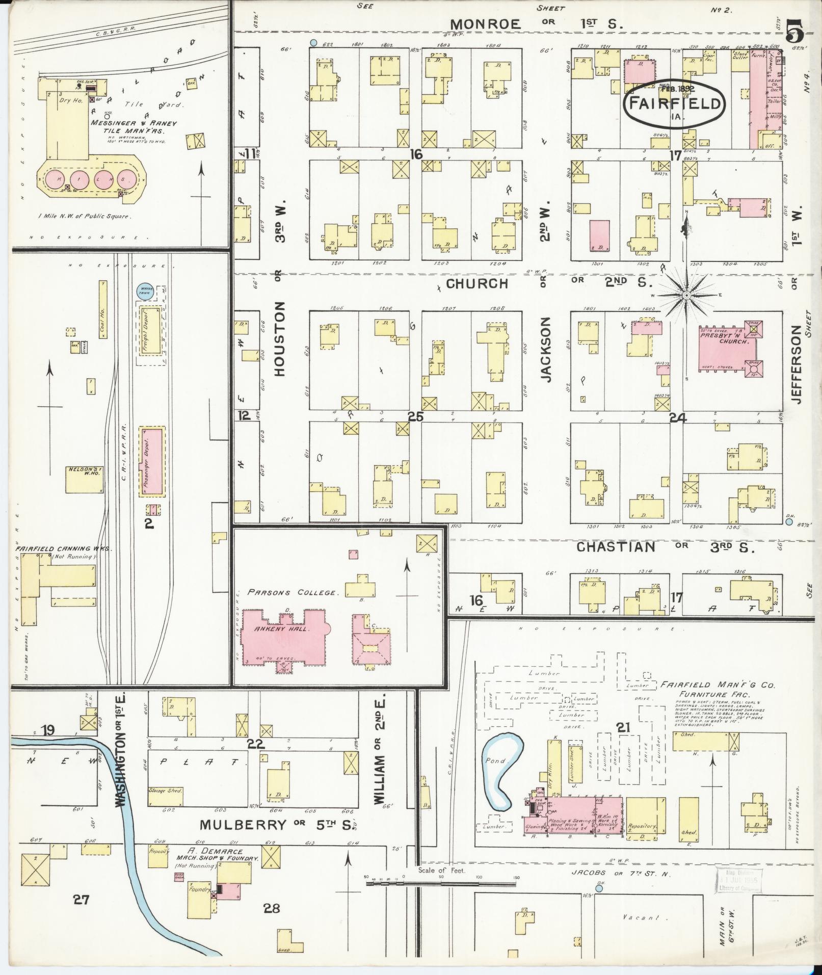Sanborn Fire Insurance Map from Fairfield, Jefferson County, Iowa (1892), Sheet #0005 - Historic Sanborn Fire Insurance Map Print, vintage old map wall art