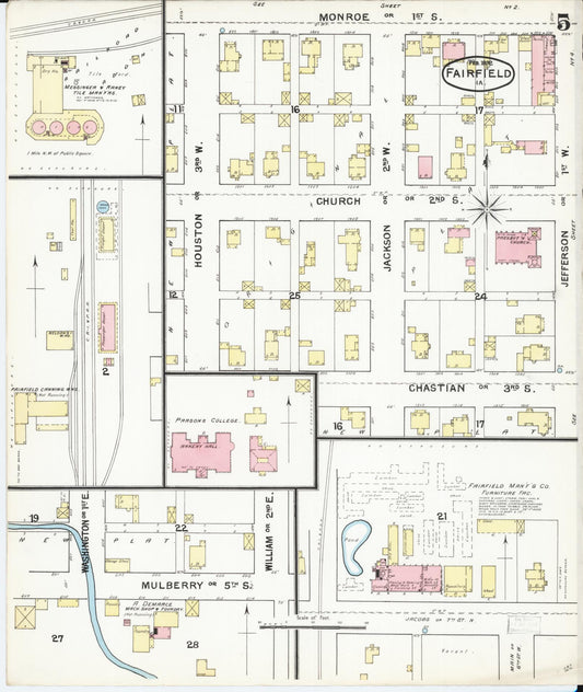 Sanborn Fire Insurance Map from Fairfield, Jefferson County, Iowa (1892), Sheet #0005 - Historic Sanborn Fire Insurance Map Print, vintage old map wall art