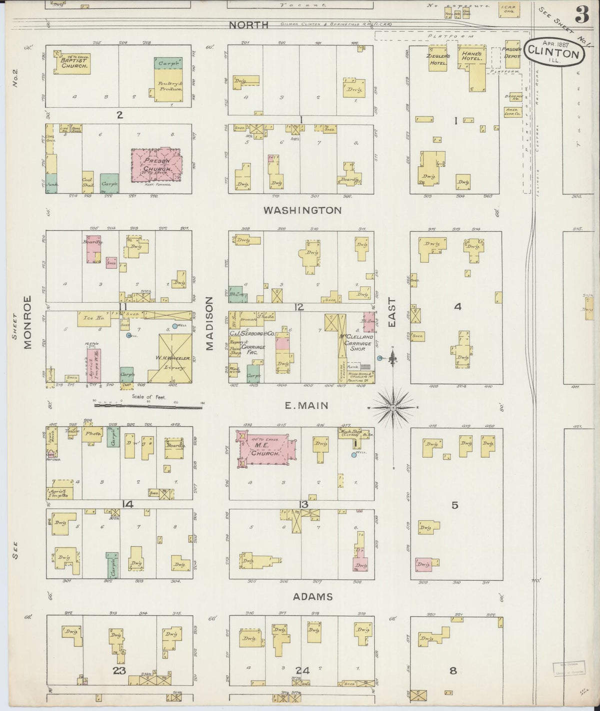 Sanborn Fire Insurance Map from Clinton, De Witt County, Illinois (1887), Sheet #0003 - Complete Map Set gallery image, historic Sanborn map, vintage wall art, Illinois Illinois