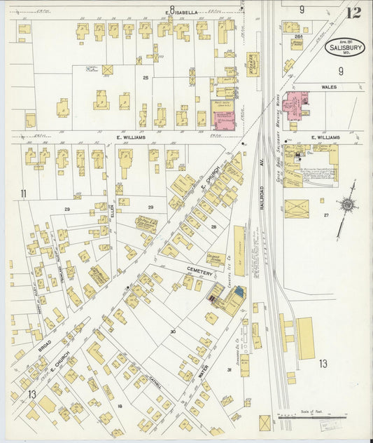 Sanborn Fire Insurance Map from Salisbury, Wicomico County, Maryland (1911), Sheet #0012 - Historic Sanborn Fire Insurance Map Print, vintage old map wall art