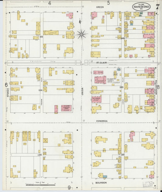 Sanborn Fire Insurance Map from Havre De Grace, Harford County, Maryland (1899), Sheet #0007 - Historic Sanborn Fire Insurance Map Print, vintage old map wall art