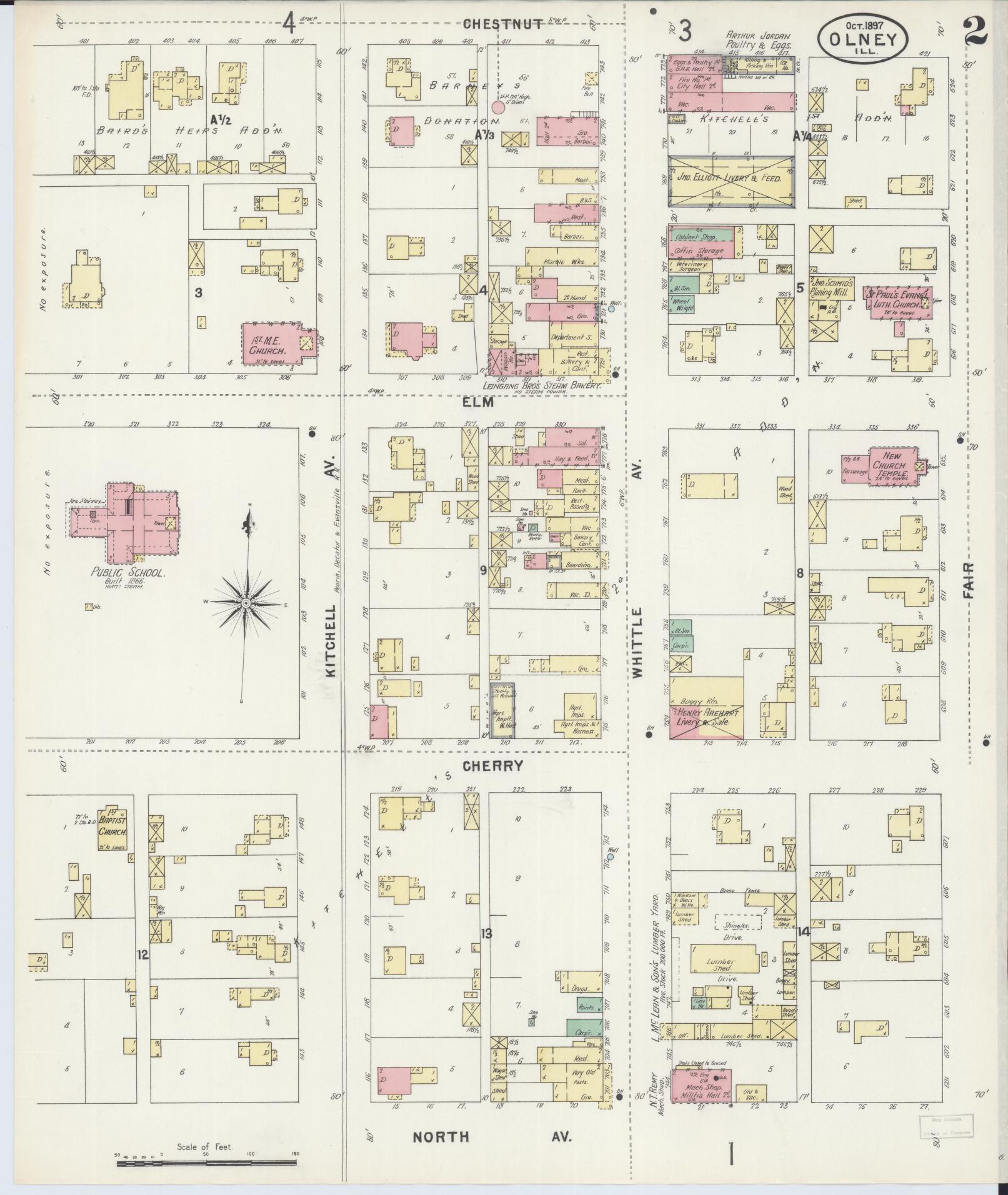 Sanborn Fire Insurance Map from Olney, Richland County, Illinois (1897), Sheet #0002 - Complete Map Set gallery image, historic Sanborn map, vintage wall art, Illinois Illinois