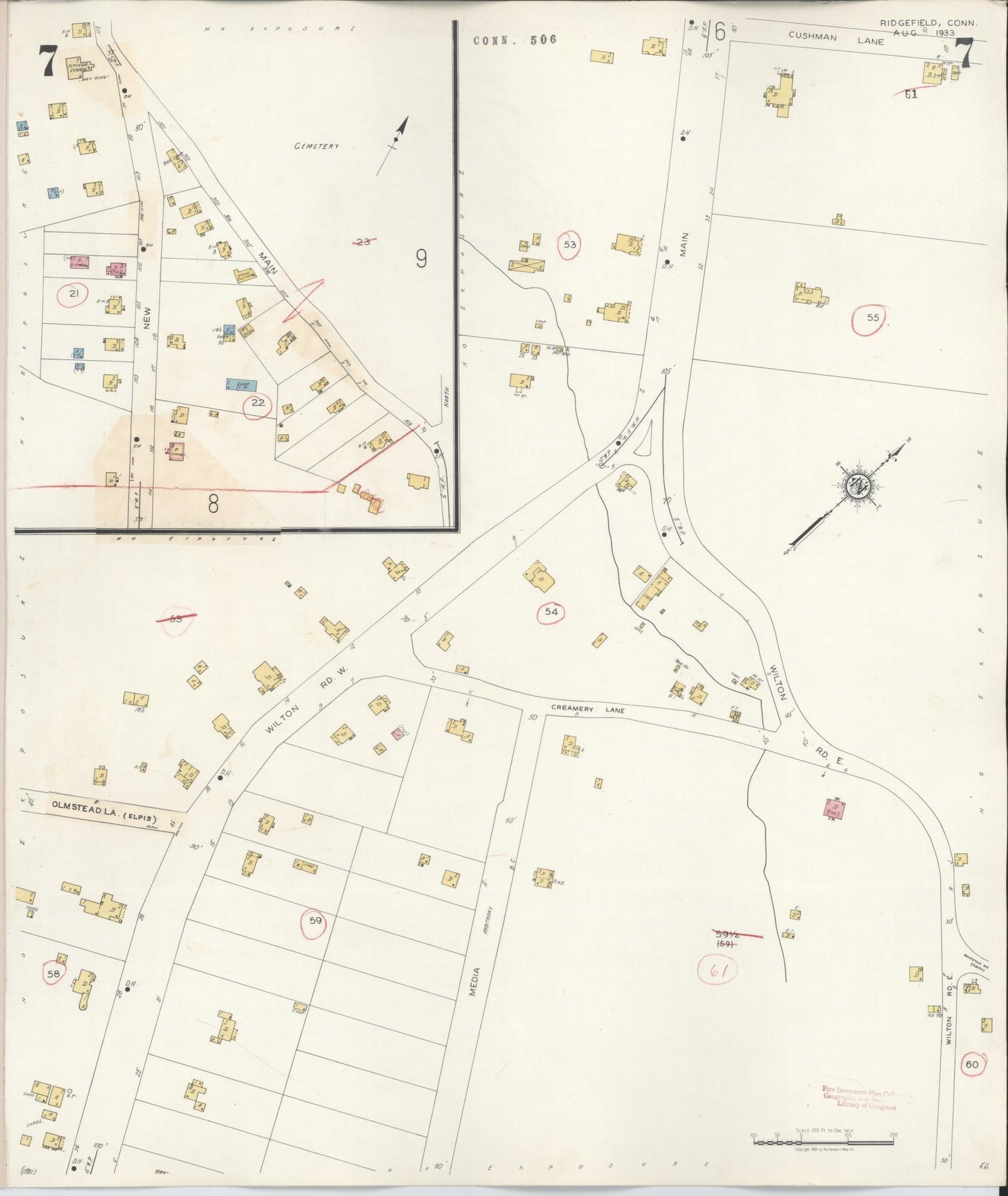 Sanborn Fire Insurance Map from Ridgefield, Fairfield County, Connecticut (1940), Sheet #0007 - Complete Map Set gallery image, historic Sanborn map, vintage wall art, Connecticut Connecticut