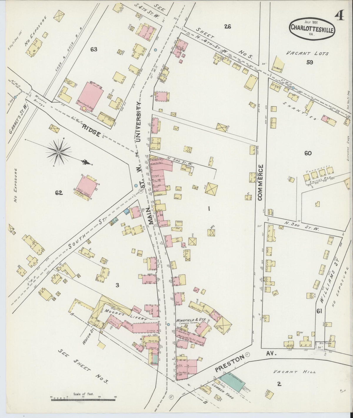 Sanborn Fire Insurance Map from Charlottesville, Independent Cities, Virginia (1891), Sheet #0004 - Historic Sanborn Fire Insurance Map Print, vintage old map wall art, antique decor, genealogy gift, Virginia Virginia map