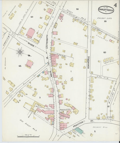 Sanborn Fire Insurance Map from Charlottesville, Independent Cities, Virginia (1891), Sheet #0004 - Historic Sanborn Fire Insurance Map Print, vintage old map wall art, antique decor, genealogy gift, Virginia Virginia map