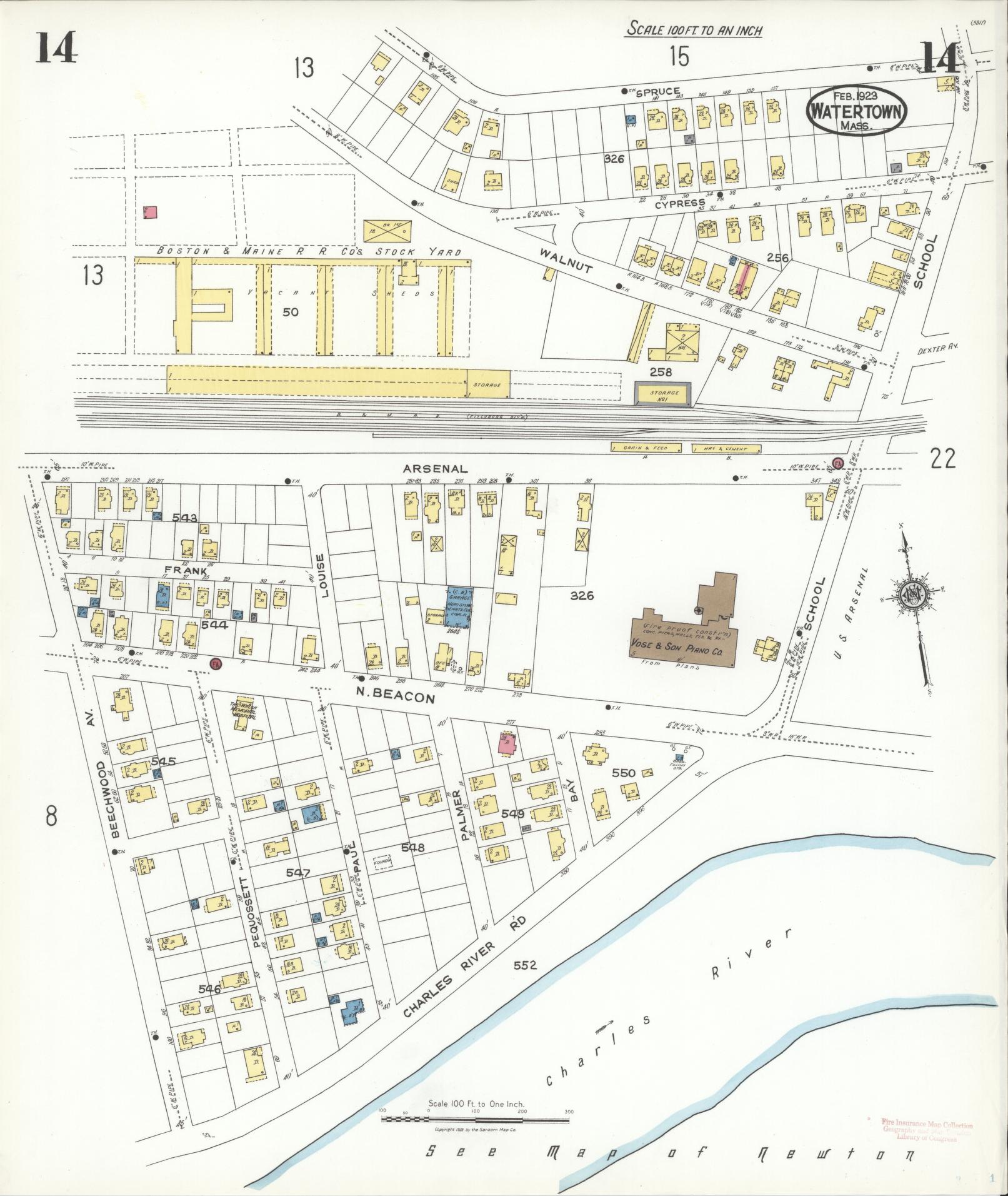 Sanborn Fire Insurance Map from Watertown, Middlesex County, Massachusetts (1923), Sheet #0014 - Complete Map Set gallery image, historic Sanborn map, vintage wall art, Massachusetts Massachusetts