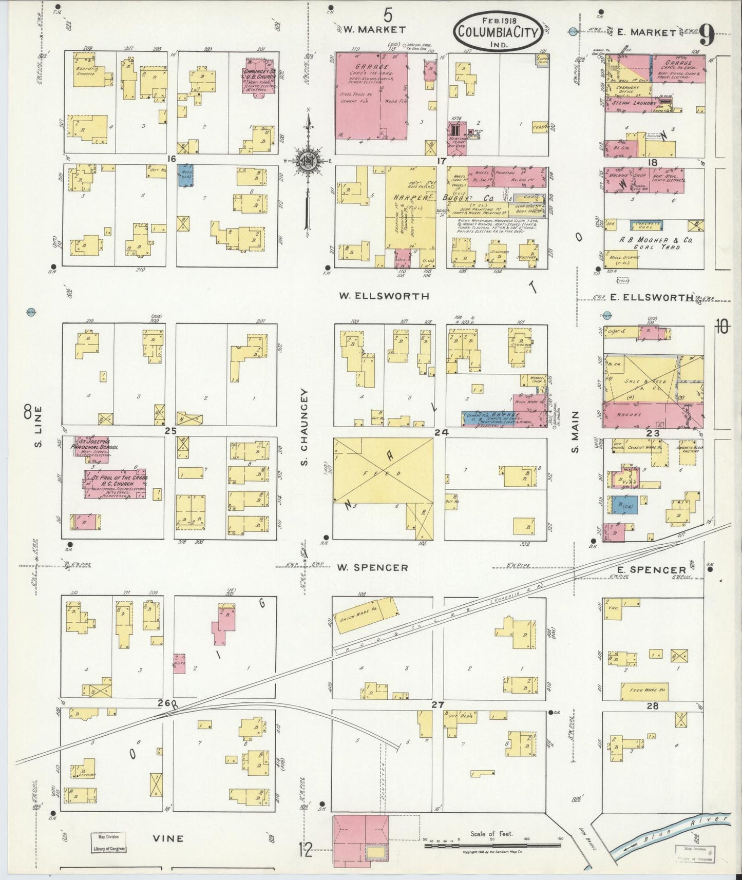 Sanborn Fire Insurance Map from Columbia City, Whitley County, Indiana (1918), Sheet #0009 - Complete Map Set gallery image, historic Sanborn map, vintage wall art, Indiana Indiana