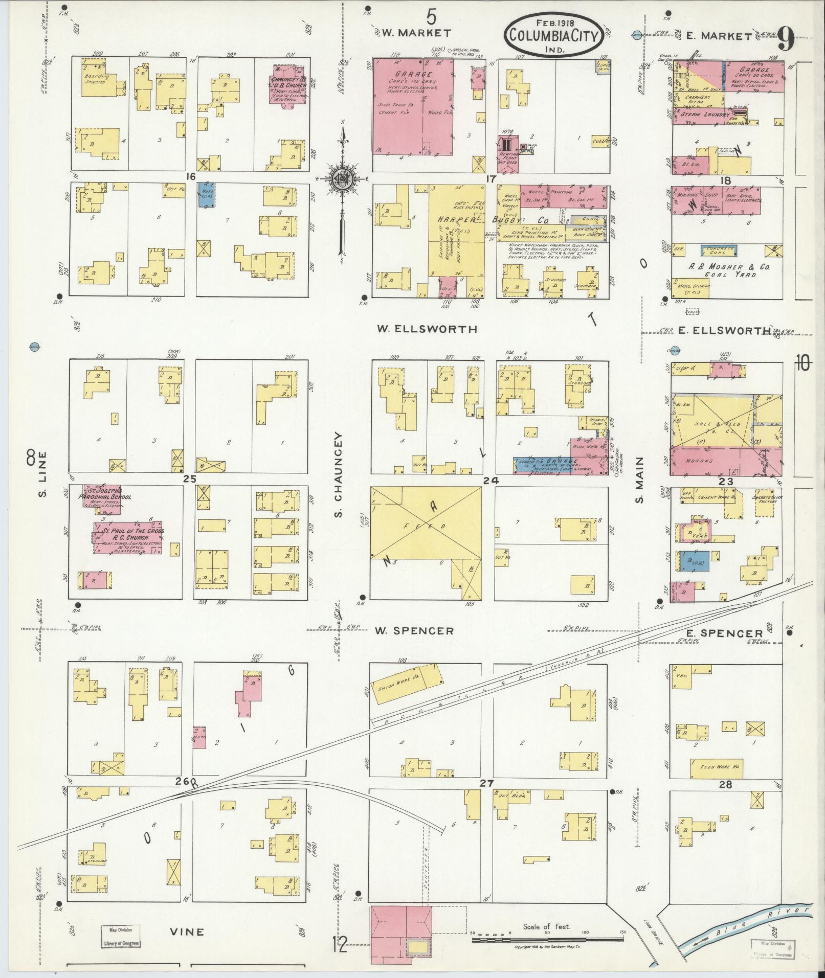 Sanborn Fire Insurance Map from Columbia City, Whitley County, Indiana (1918), Sheet #0009 - Complete Map Set gallery image, historic Sanborn map, vintage wall art, Indiana Indiana