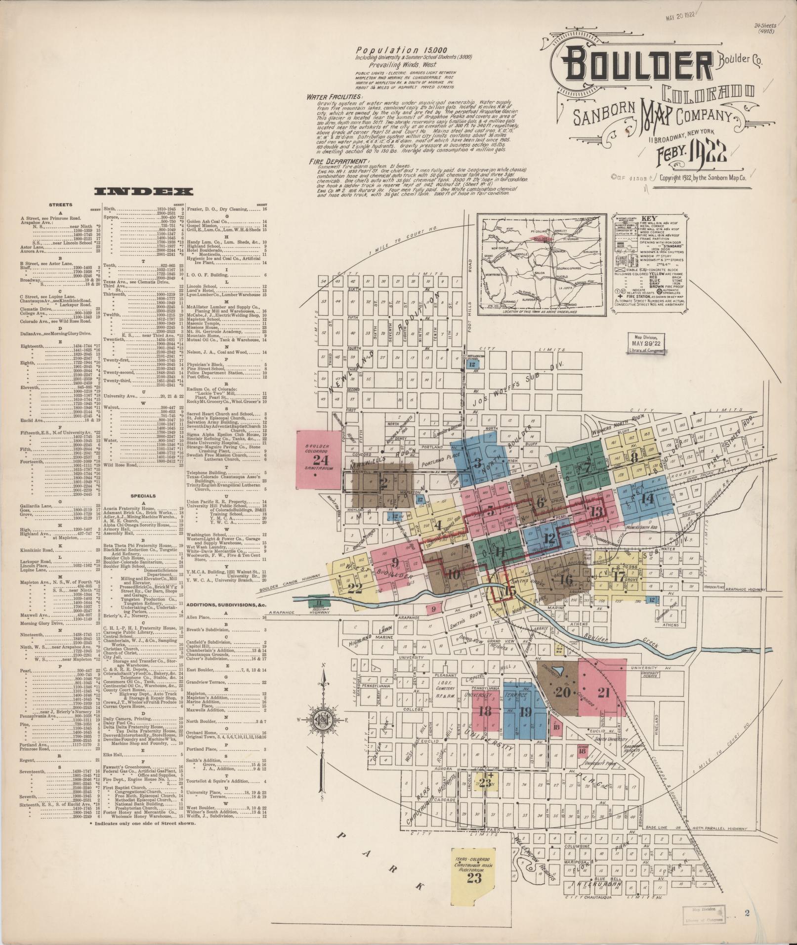 Sanborn Fire Insurance Map from Boulder, Boulder County, Colorado (1922), Sheet #0001 - Complete Map Set gallery image, historic Sanborn map, vintage wall art, Colorado Colorado