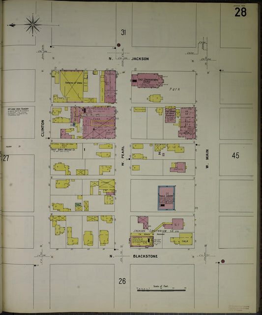 Sanborn Fire Insurance Map from Jackson, Jackson County, Michigan (1907), Sheet #0028 - Historic Sanborn Fire Insurance Map Print, vintage old map wall art, antique decor, genealogy gift, Michigan Michigan map