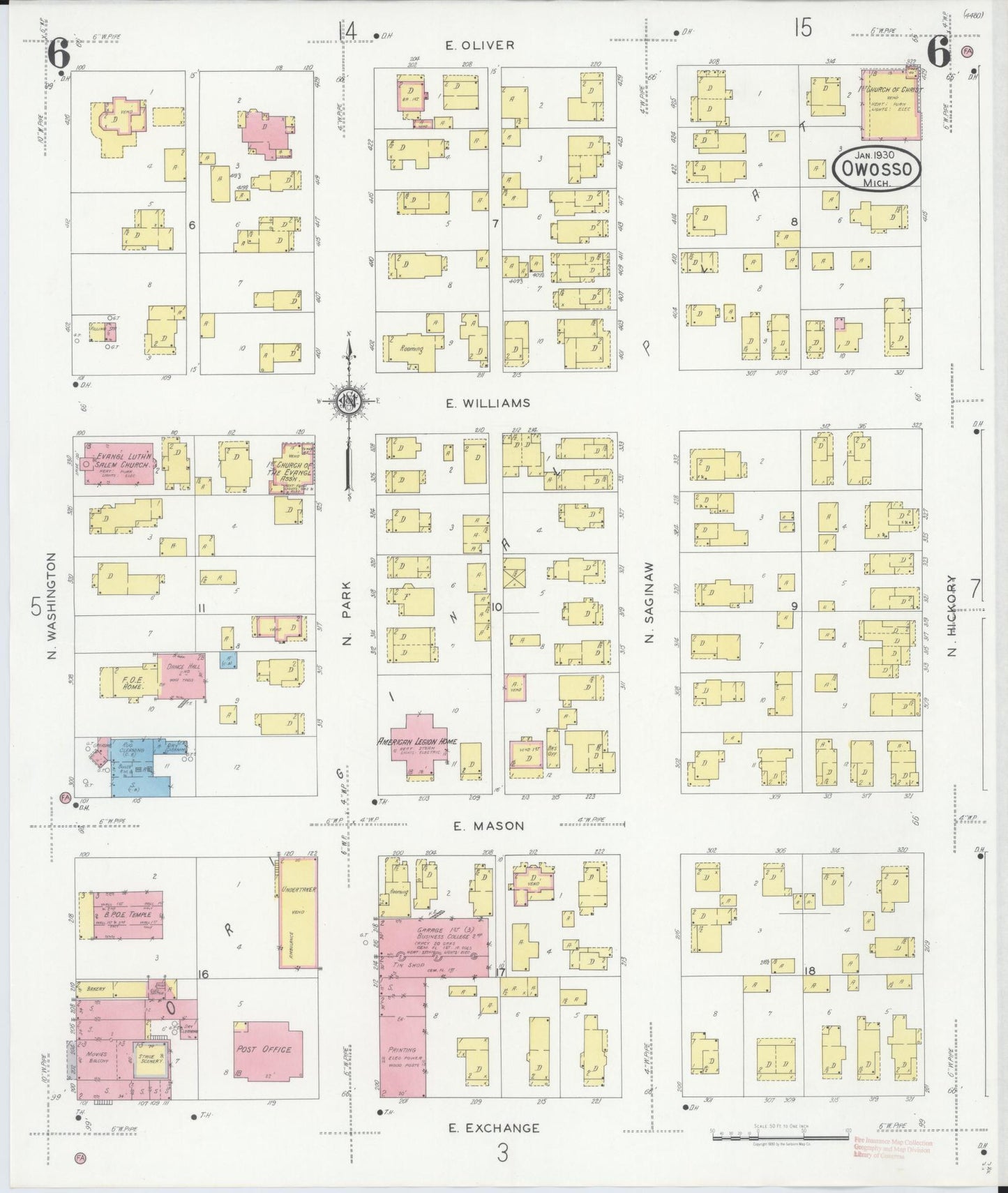 Sanborn Fire Insurance Map from Owosso, Shiawassee County, Michigan (1930), Sheet #0006 - Historic Sanborn Fire Insurance Map Print, vintage old map wall art, antique decor, genealogy gift, Michigan Michigan map