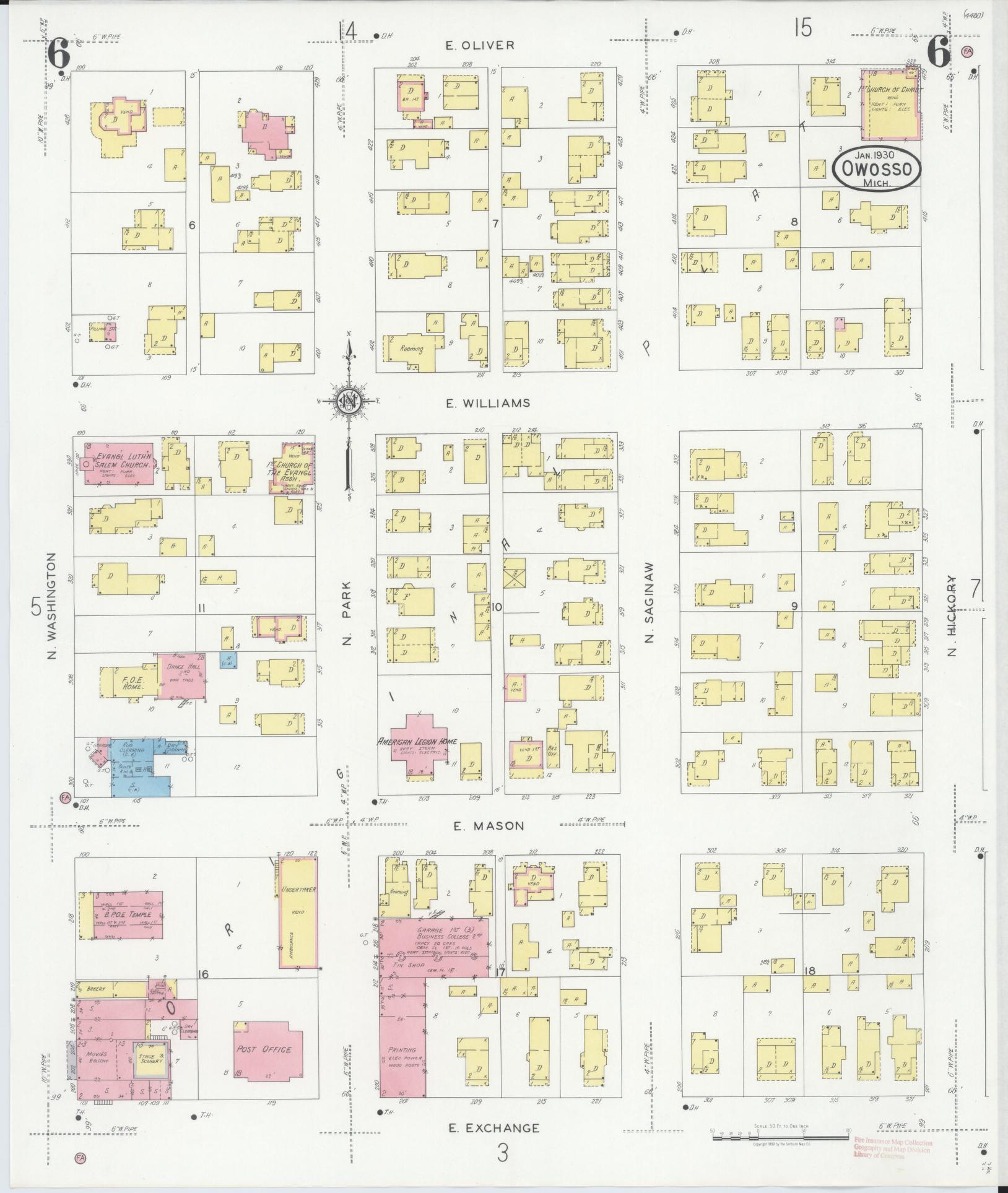 Sanborn Fire Insurance Map from Owosso, Shiawassee County, Michigan (1930), Sheet #0006 - Historic Sanborn Fire Insurance Map Print, vintage old map wall art, antique decor, genealogy gift, Michigan Michigan map