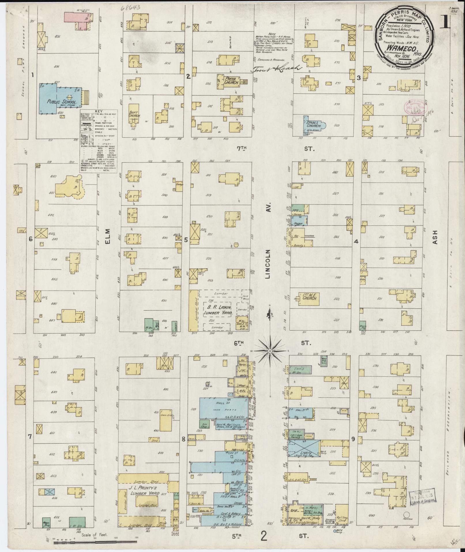 Sanborn Fire Insurance Map from Wamego, Pottawatomie County, Kansas (1896), Sheet #0001 - Complete Map Set gallery image, historic Sanborn map, vintage wall art, Kansas Kansas