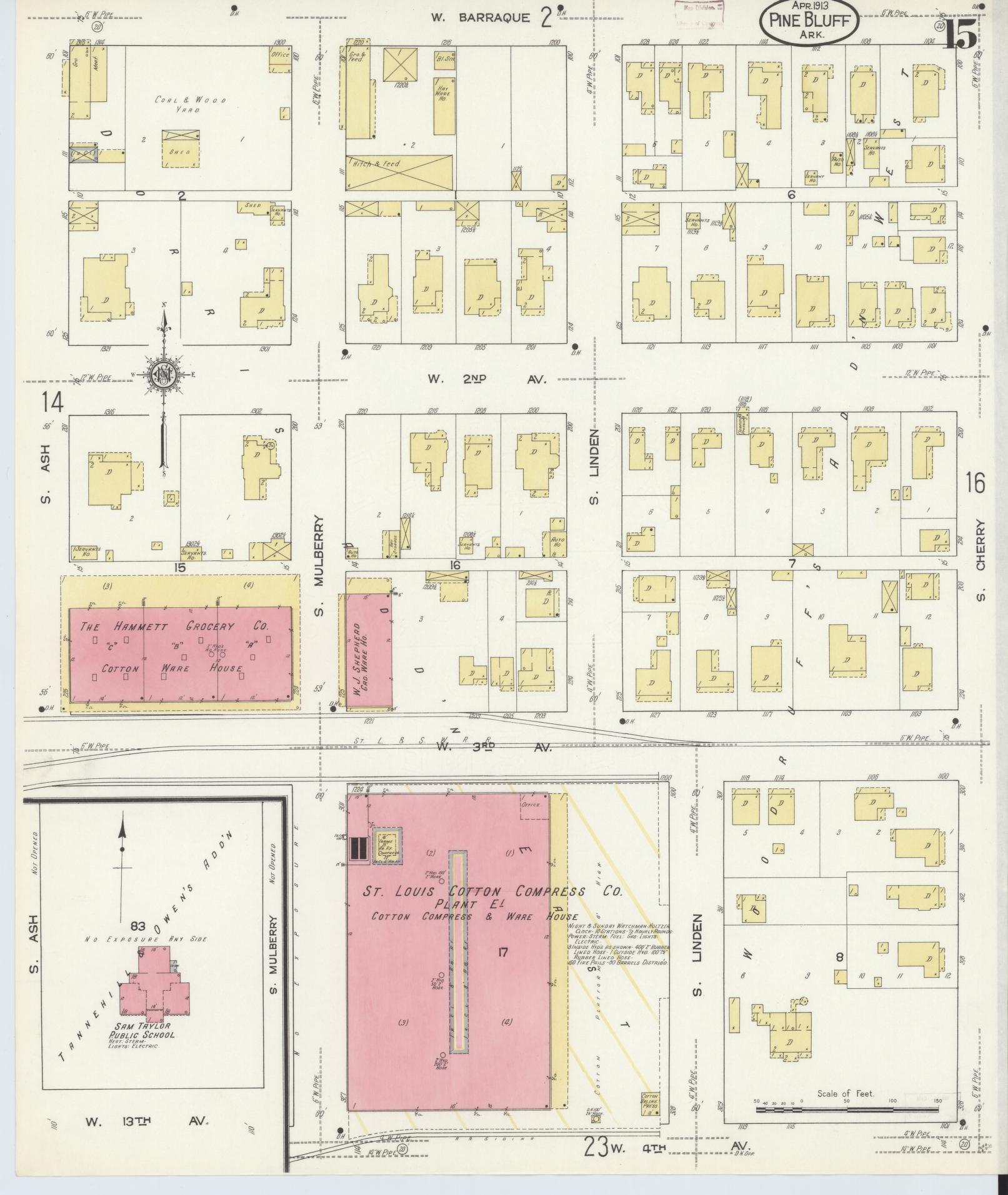 Sanborn Fire Insurance Map from Pine Bluff, Jefferson County, Arkansas (1913), Sheet #0015 - Complete Map Set gallery image, historic Sanborn map, vintage wall art, Arkansas Arkansas