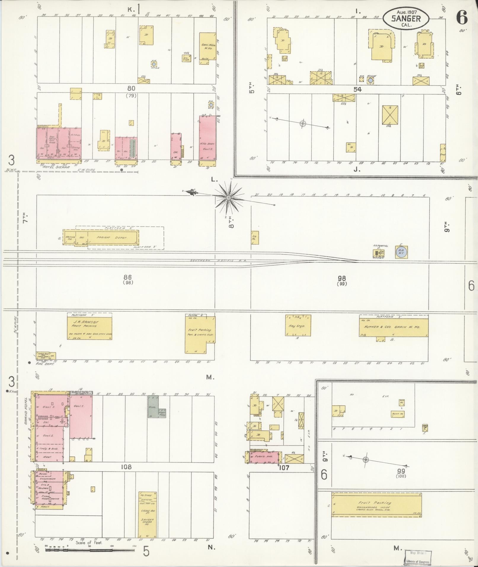 Sanborn Fire Insurance Map from Sanger, Fresno County, California (1907), Sheet #0006 - Complete Map Set gallery image, historic Sanborn map, vintage wall art, California California