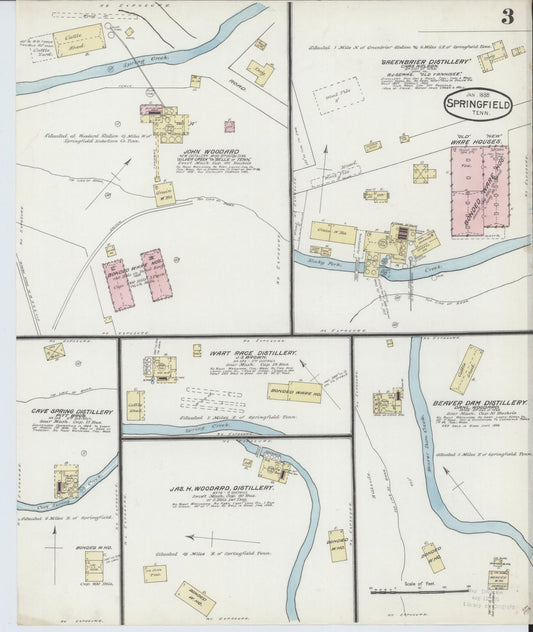 Sanborn Fire Insurance Map from Springfield, Robertson County, Tennessee (1888), Sheet #0003 - Historic Sanborn Fire Insurance Map Print, vintage old map wall art, antique decor, genealogy gift, Tennessee Tennessee map