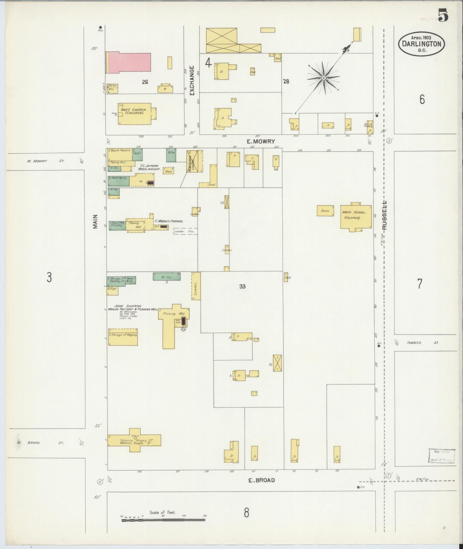 Sanborn Fire Insurance Map from Darlington, Darlington County, South Carolina (1903), Sheet #0005 - Historic Sanborn Fire Insurance Map Print, vintage old map wall art, antique decor, genealogy gift, South Carolina South Carolina map