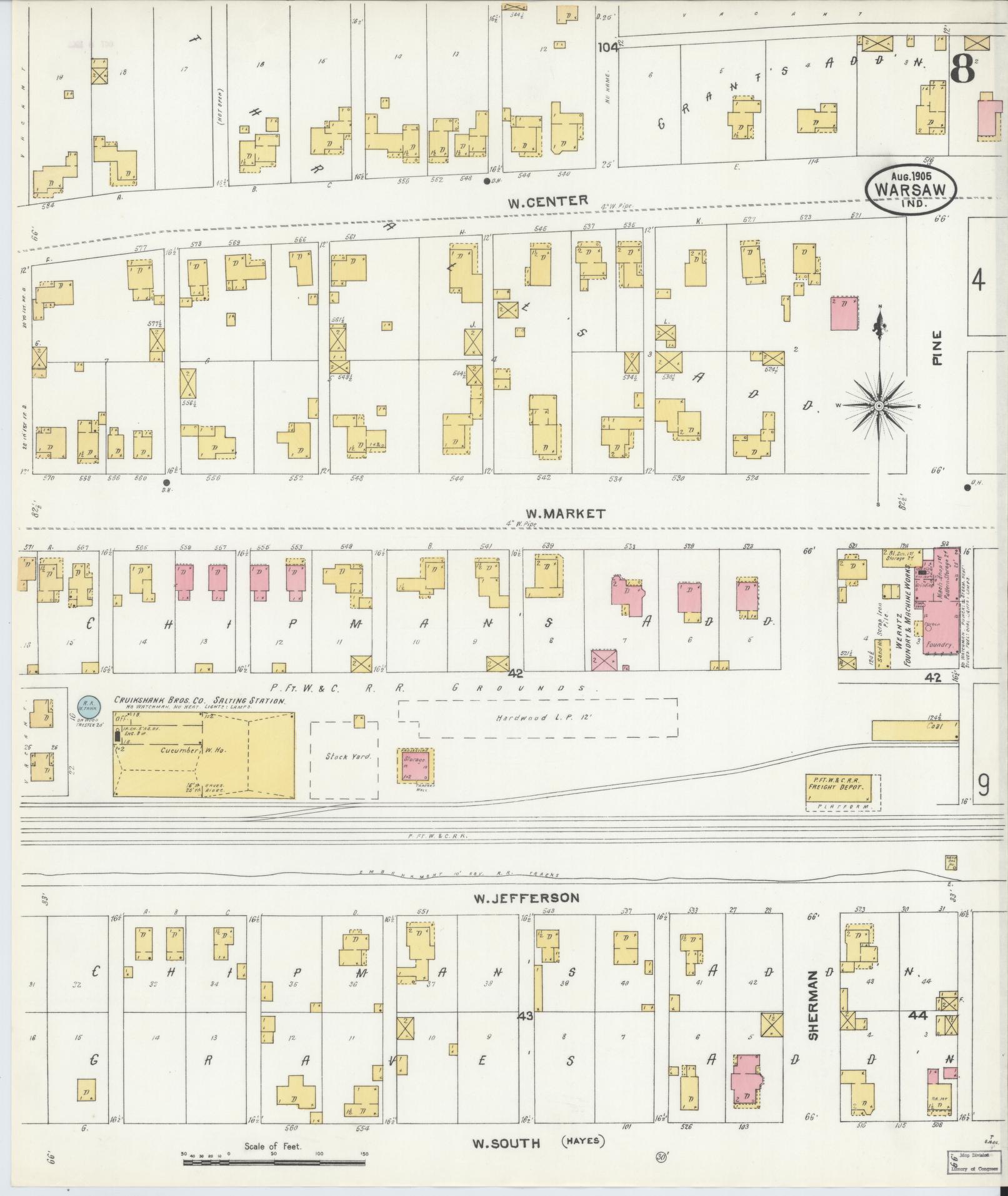 Sanborn Fire Insurance Map from Warsaw, Kosciusko County, Indiana (1905), Sheet #0008 - Complete Map Set gallery image, historic Sanborn map, vintage wall art, Indiana Indiana