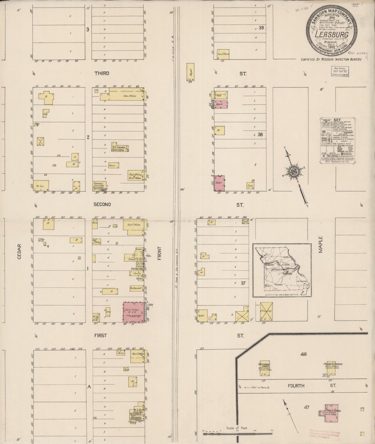 Sanborn Fire Insurance Map from Leasburg, Crawford County, Missouri (1922), Sheet #0001 - Historic Sanborn Fire Insurance Map Print, vintage old map wall art, antique decor, genealogy gift, Missouri Missouri map