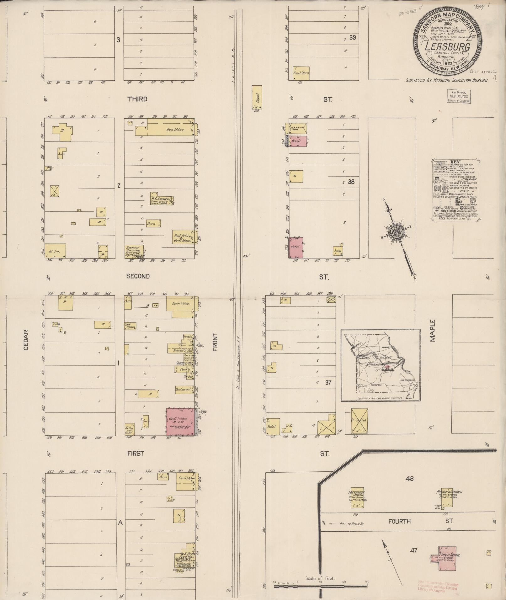 Sanborn Fire Insurance Map from Leasburg, Crawford County, Missouri (1922), Sheet #0001 - Historic Sanborn Fire Insurance Map Print, vintage old map wall art, antique decor, genealogy gift, Missouri Missouri map