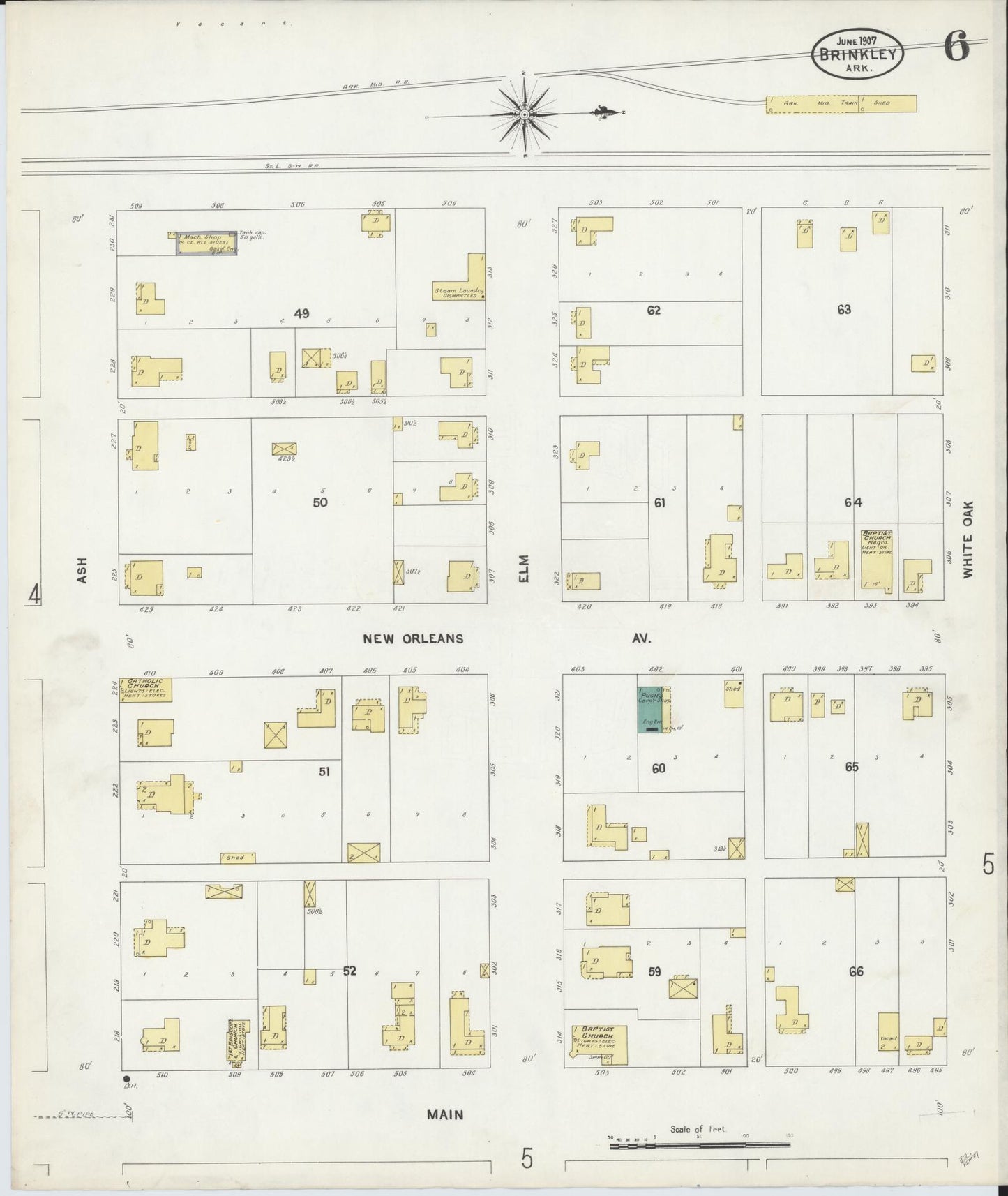 Sanborn Fire Insurance Map from Brinkley, Monroe County, Arkansas (1907), Sheet #0006 - Complete Map Set gallery image, historic Sanborn map, vintage wall art, Arkansas Arkansas